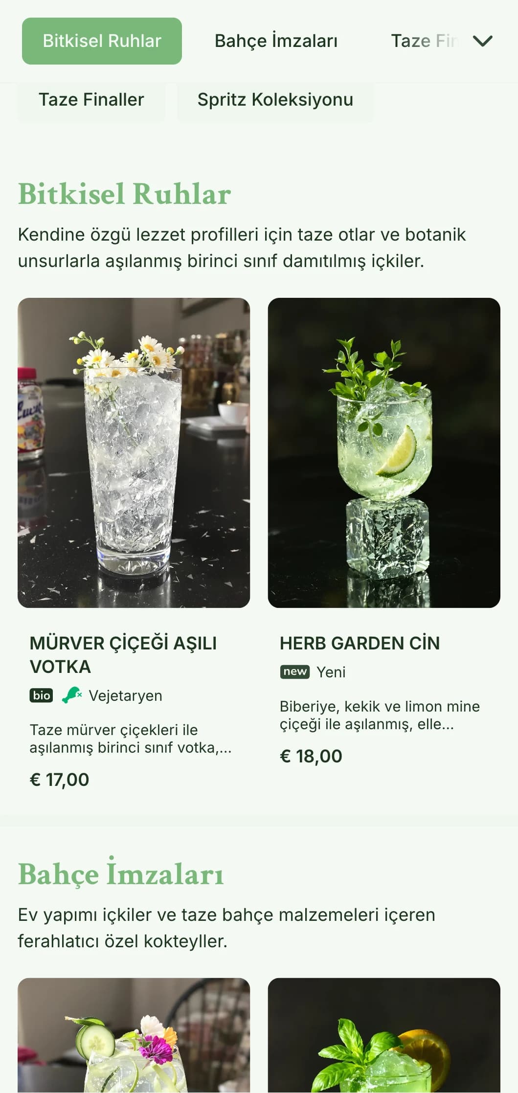 Spritzers ve taze botanik kokteyller konusunda uzmanlaşmış barlar için hafif, havadar tipografi içeren taze, bahçeden ilham alan bir tasarım.