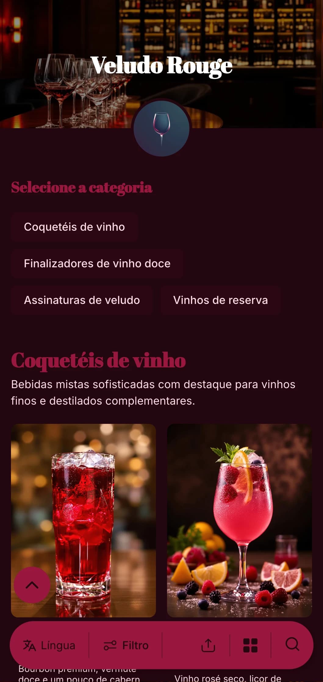 Um design luxuoso e dramático para bares e lounges de vinhos de luxo, com tons vermelhos ricos e tipografia ousada.
