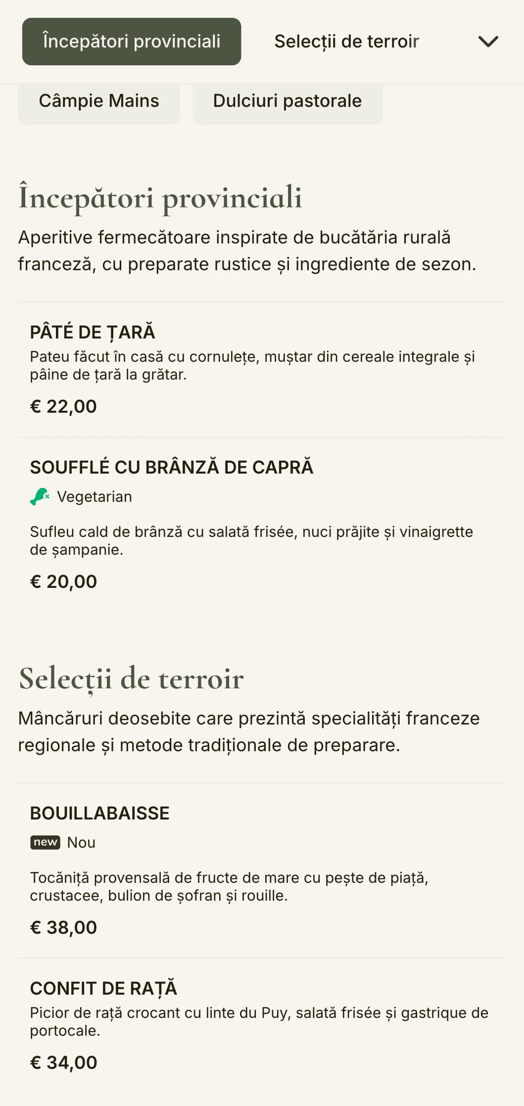 Un meniu de cină fermecător inspirat de estetica rurală franceză, cu tonuri de verde salvie și eleganță rustică.
