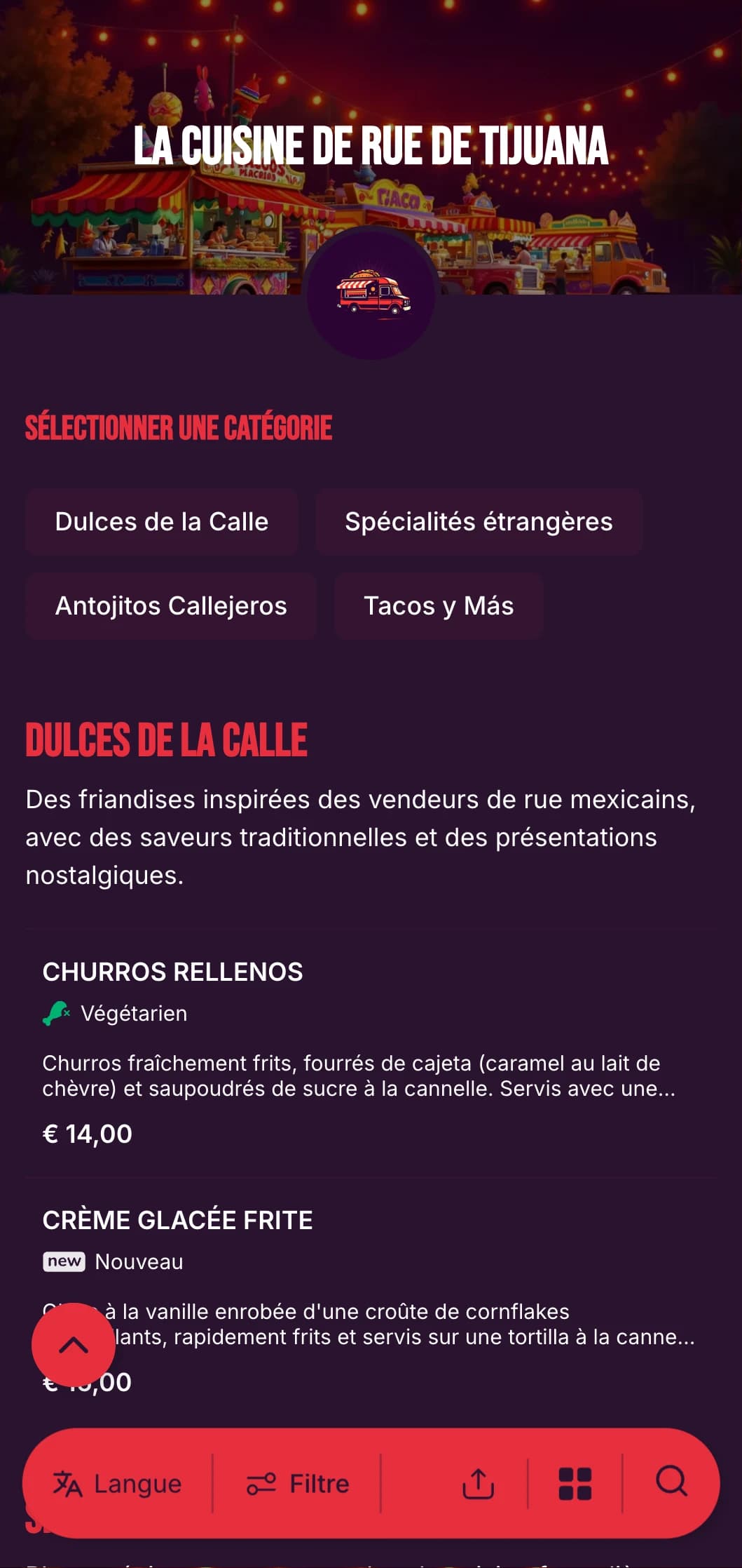 Menu de cuisine de rue audacieux et énergique inspiré de la scène gastronomique vibrante de Tijuana, avec des couleurs vives, une typographie décontractée et d'authentiques spécialités de tacos.