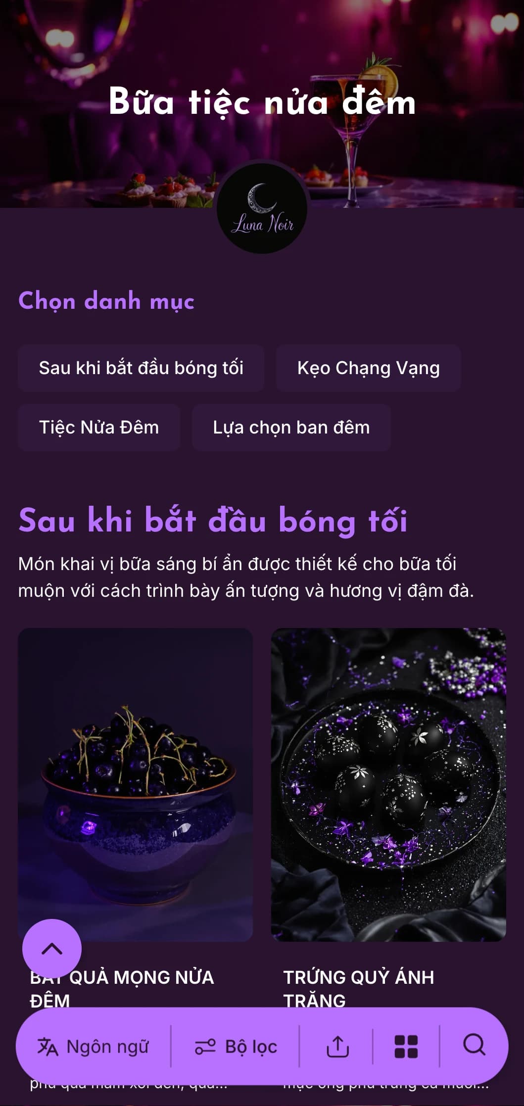 Mẫu màu tím đậm với điểm nhấn tươi sáng, hoàn hảo cho các bữa ăn sáng muộn và bữa sáng kết hợp với cocktail.