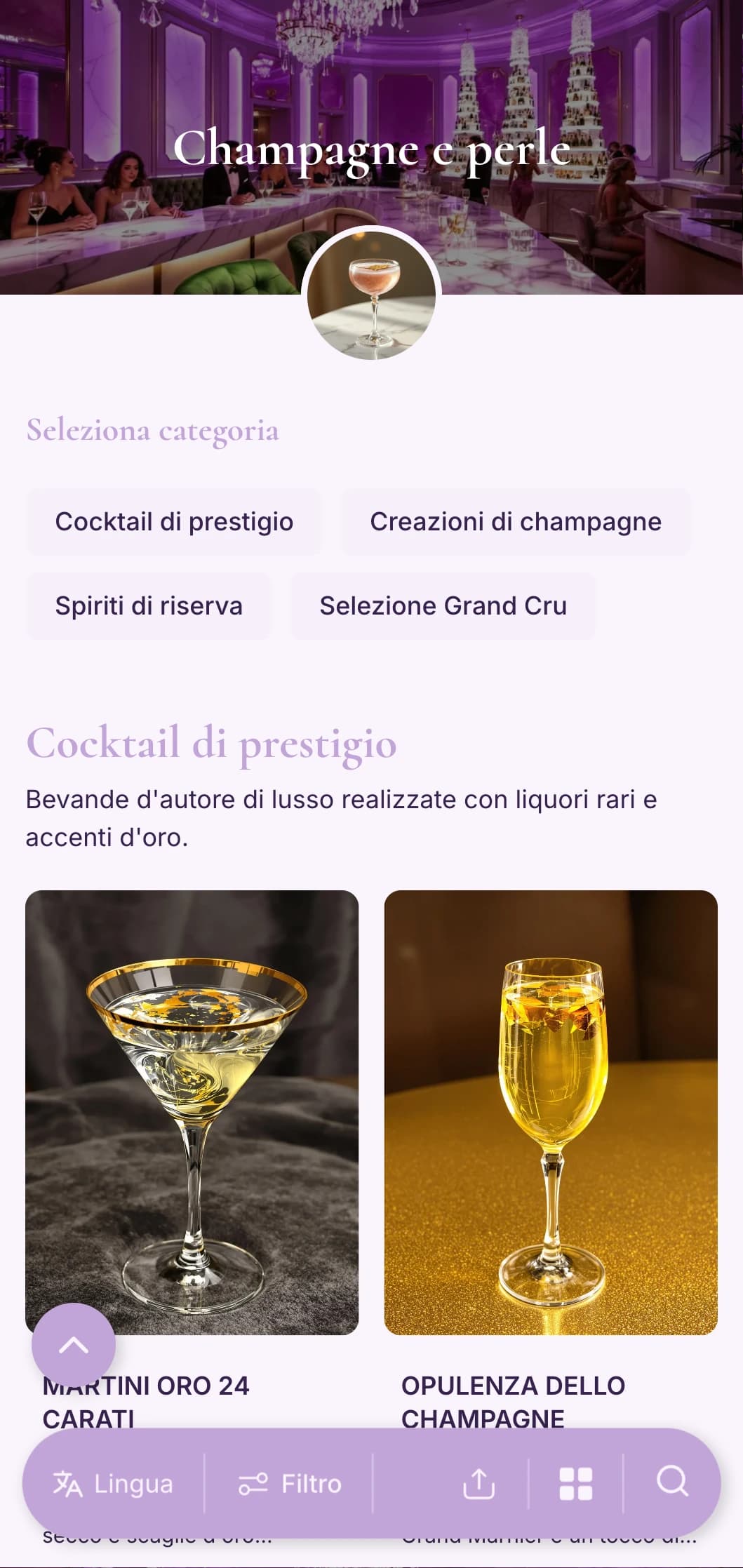 Delicato design color lavanda e bianco perla per champagne e cocktail lounge di alto livello.