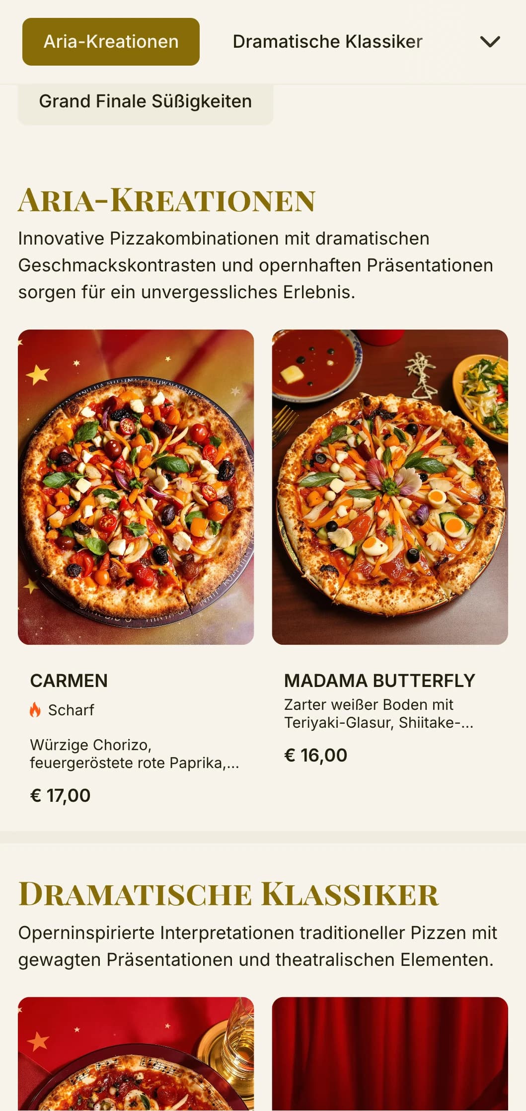 Ein theatralisches Pizzamenü, inspiriert von der italienischen Oper, mit dramatischer visueller Hierarchie.