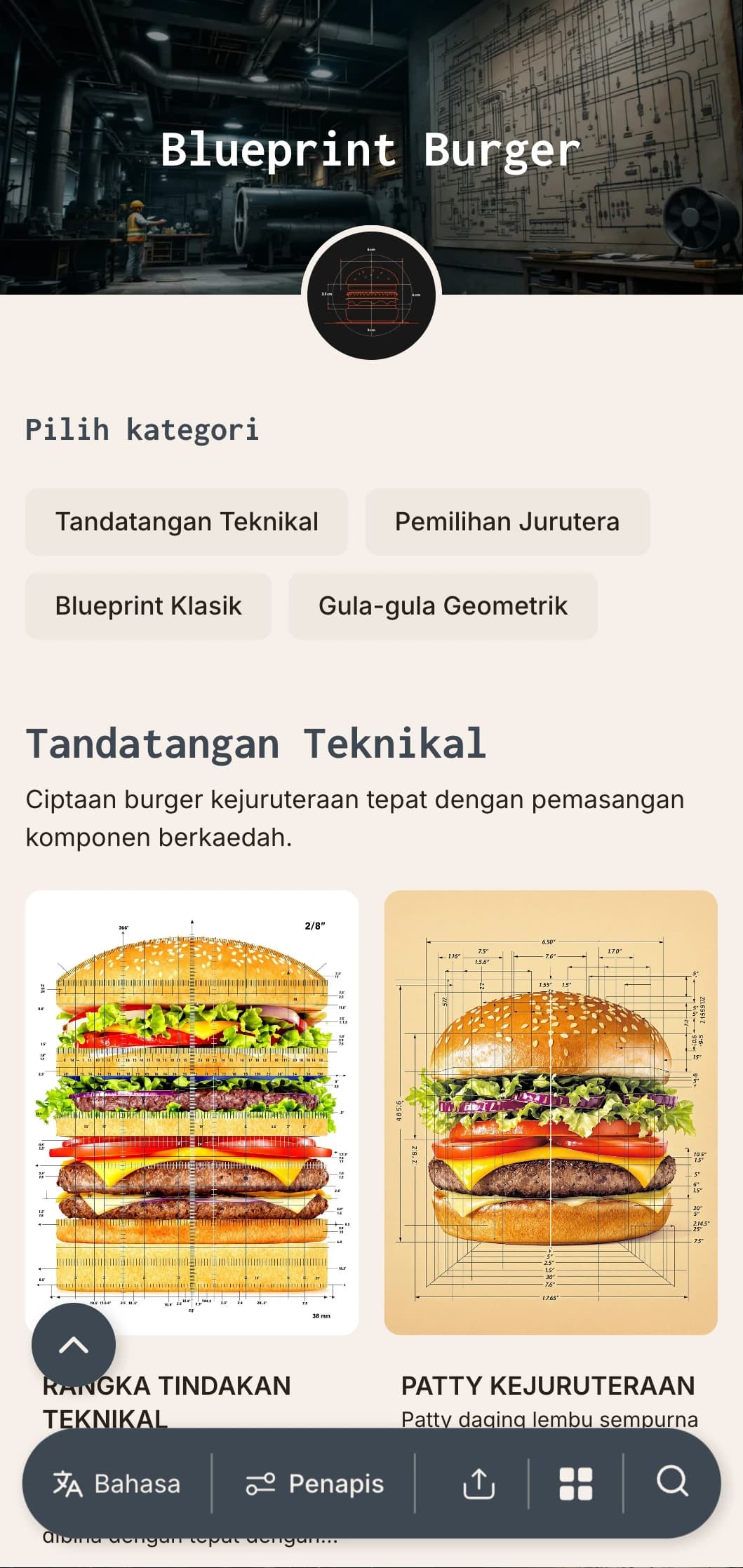 Lukisan teknikal mengilhamkan konsep burger dengan ketepatan dan elemen seni bina.