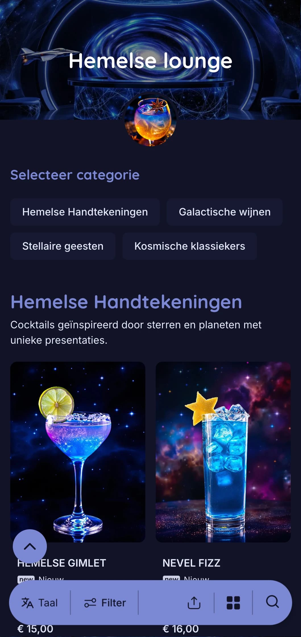 Op sterren geïnspireerd blauw ontwerp met hemelse elementen voor cocktailbars met een ruimtethema.