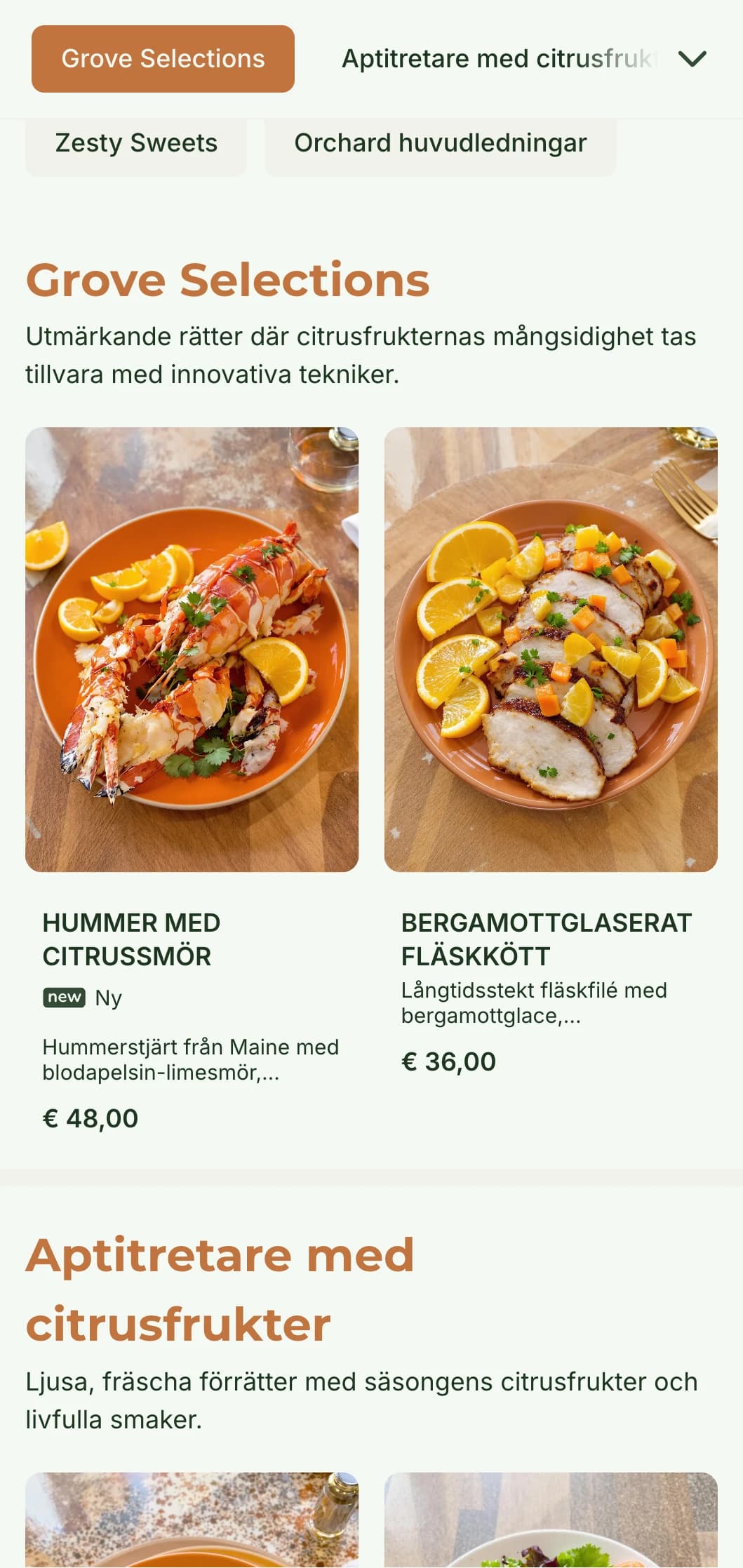 En ljus och fräsch middagsmeny med citrusfärger och naturliga inslag, perfekt för restauranger med medelhavsinfluenser.