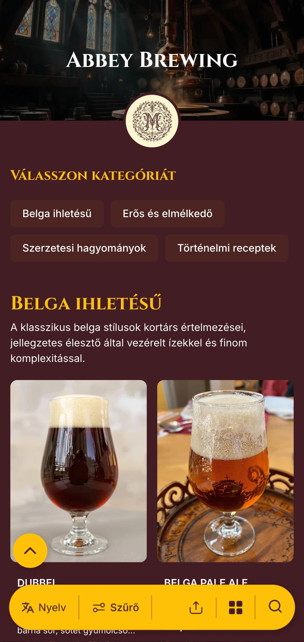 Elegáns és történelmi design, amelyet a kolostori sörfőzés hagyományai ihlettek, gazdag bordó tónusokkal és klasszikus tipográfiával.