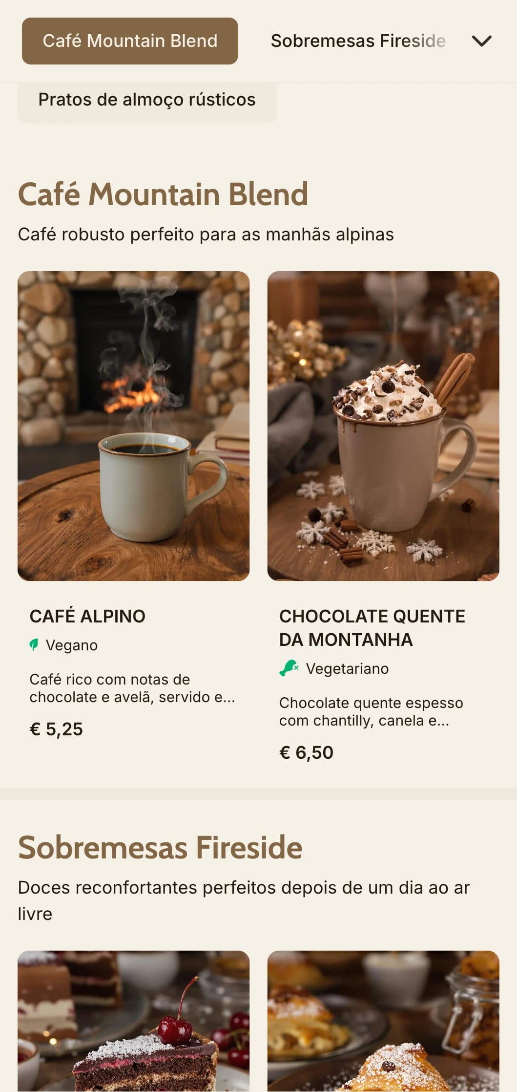 Design aconchegante inspirado em madeira com elementos da montanha para cafés alpinos e restaurantes em chalés.