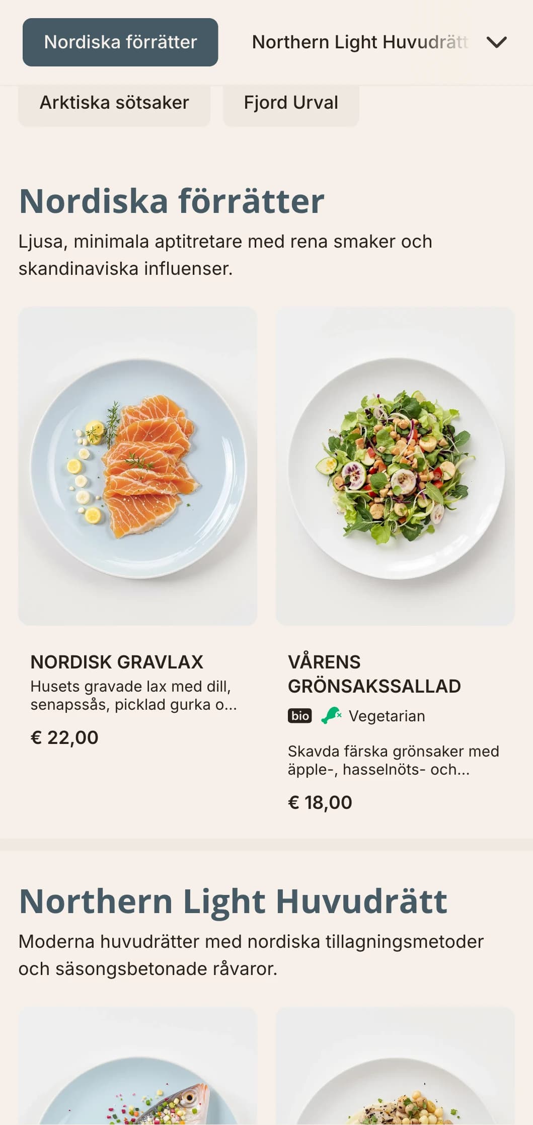 En ljus och stilren middagsmeny med skandinaviska influenser och ljusblå accenter, perfekt för nordiskt inspirerade rätter.
