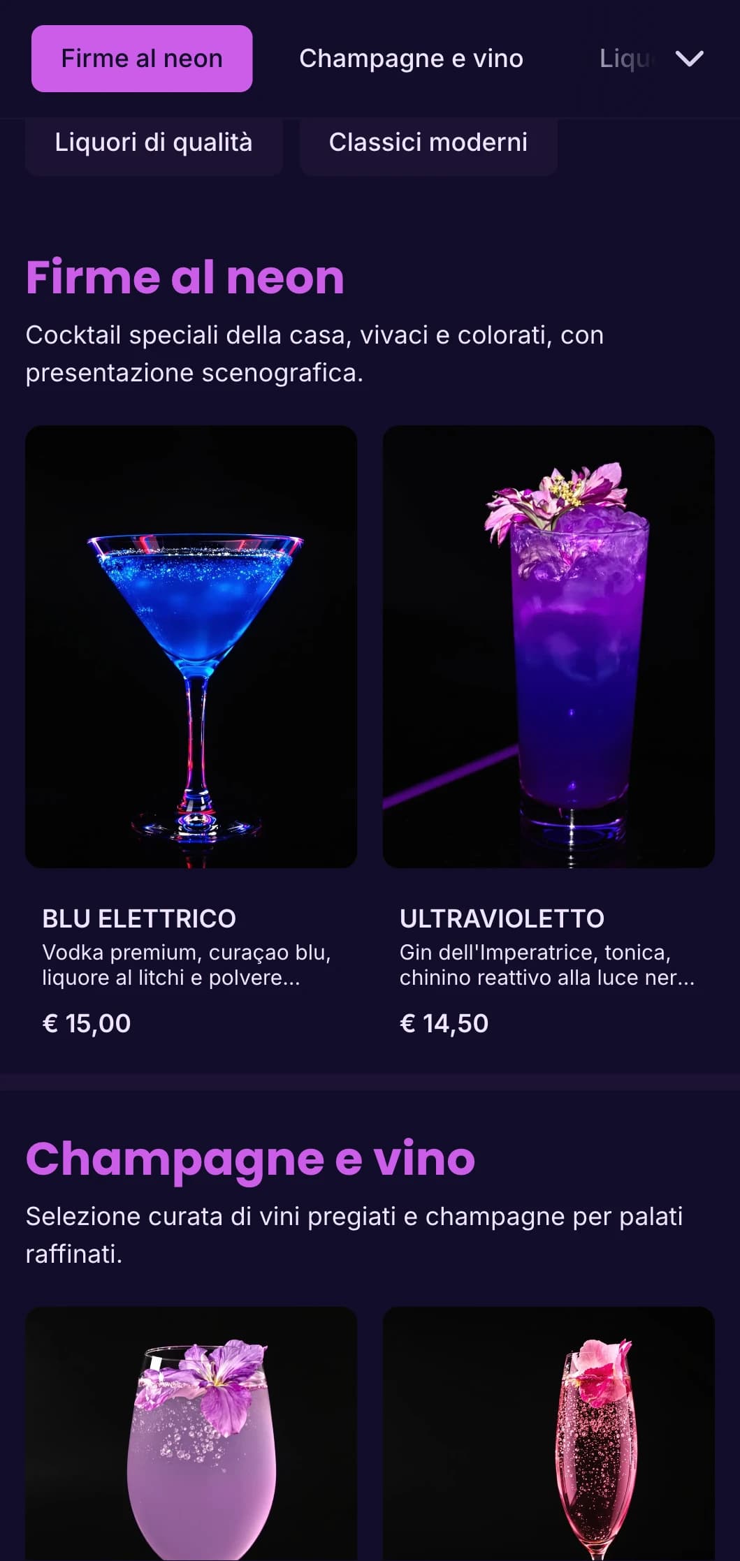 Design vibrante viola e ultravioletto per locali notturni e cocktail lounge di tendenza.