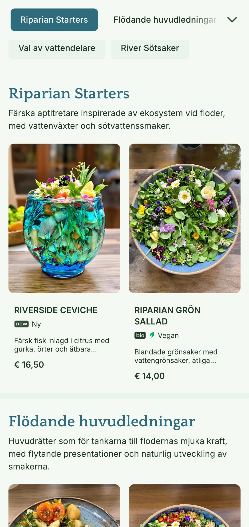 Lugn, vatteninspirerad lunchmenydesign med flödande element och svala toner, perfekt för restauranger med utsikt över floden eller i anslutning till vatten.