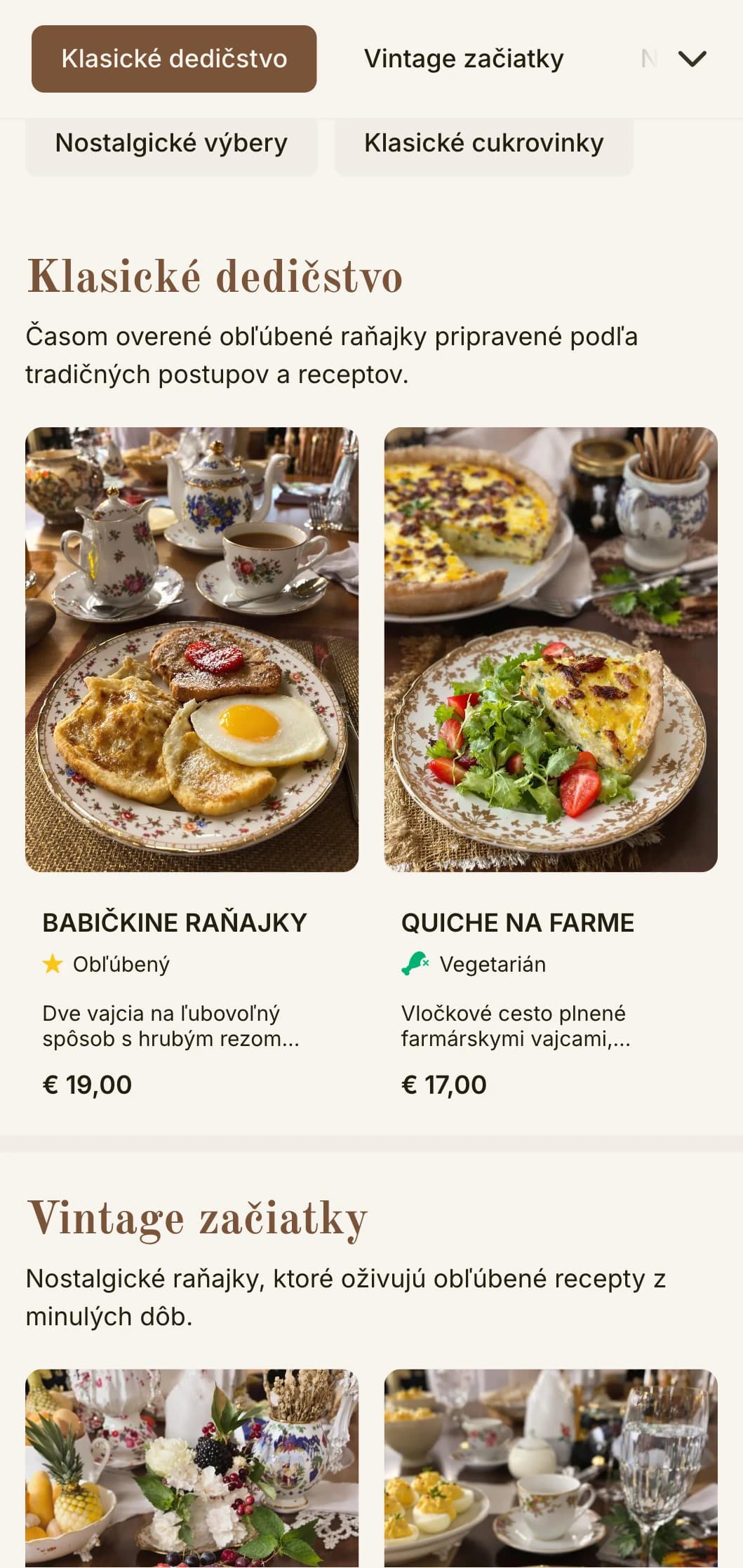 Nostalgické ranné ponuky inšpirované obľúbenými receptami z minulosti, prezentované s nadčasovou eleganciou.