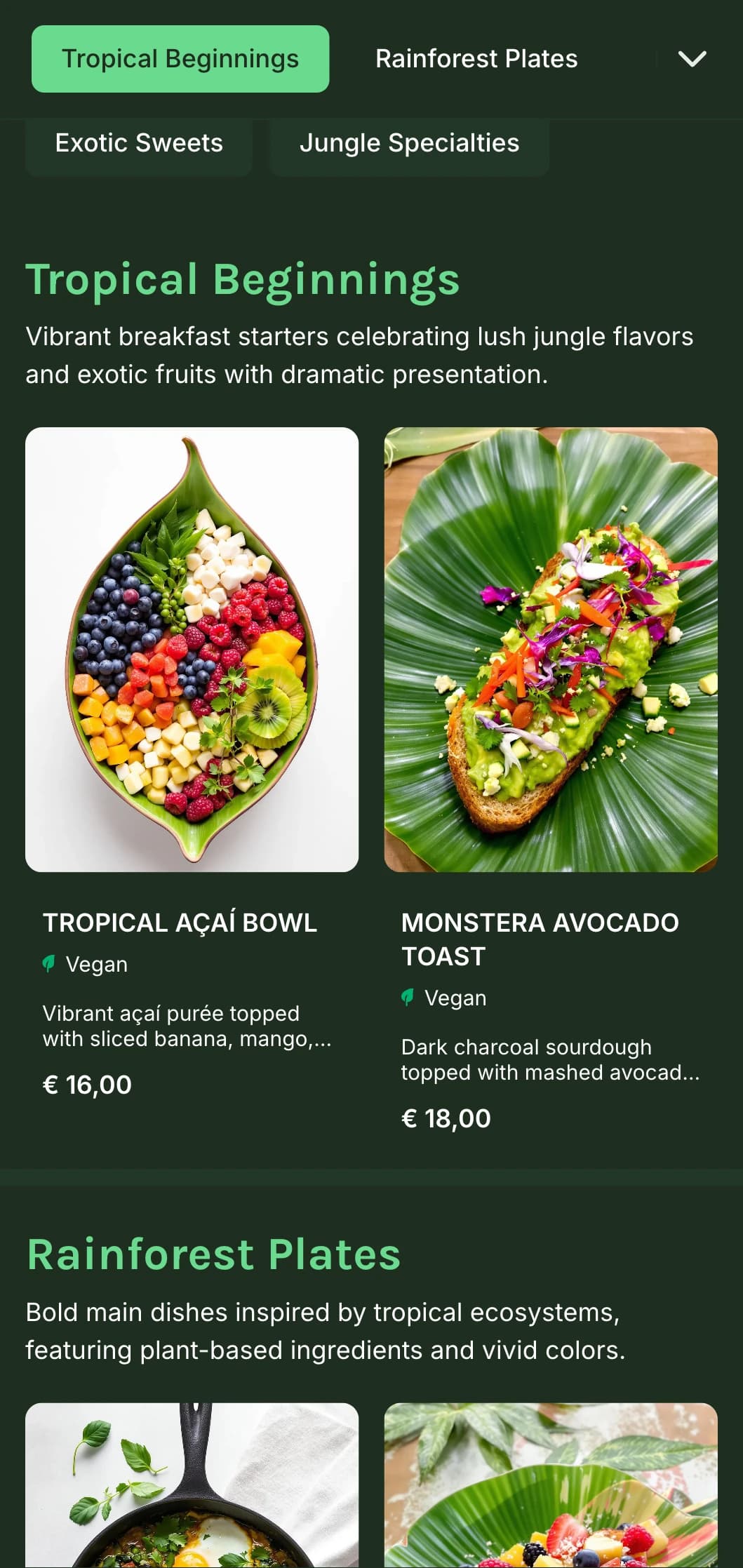 Vibrant green template with tropical elements, perfect for plant-based cafés and exotic brunch offerings.