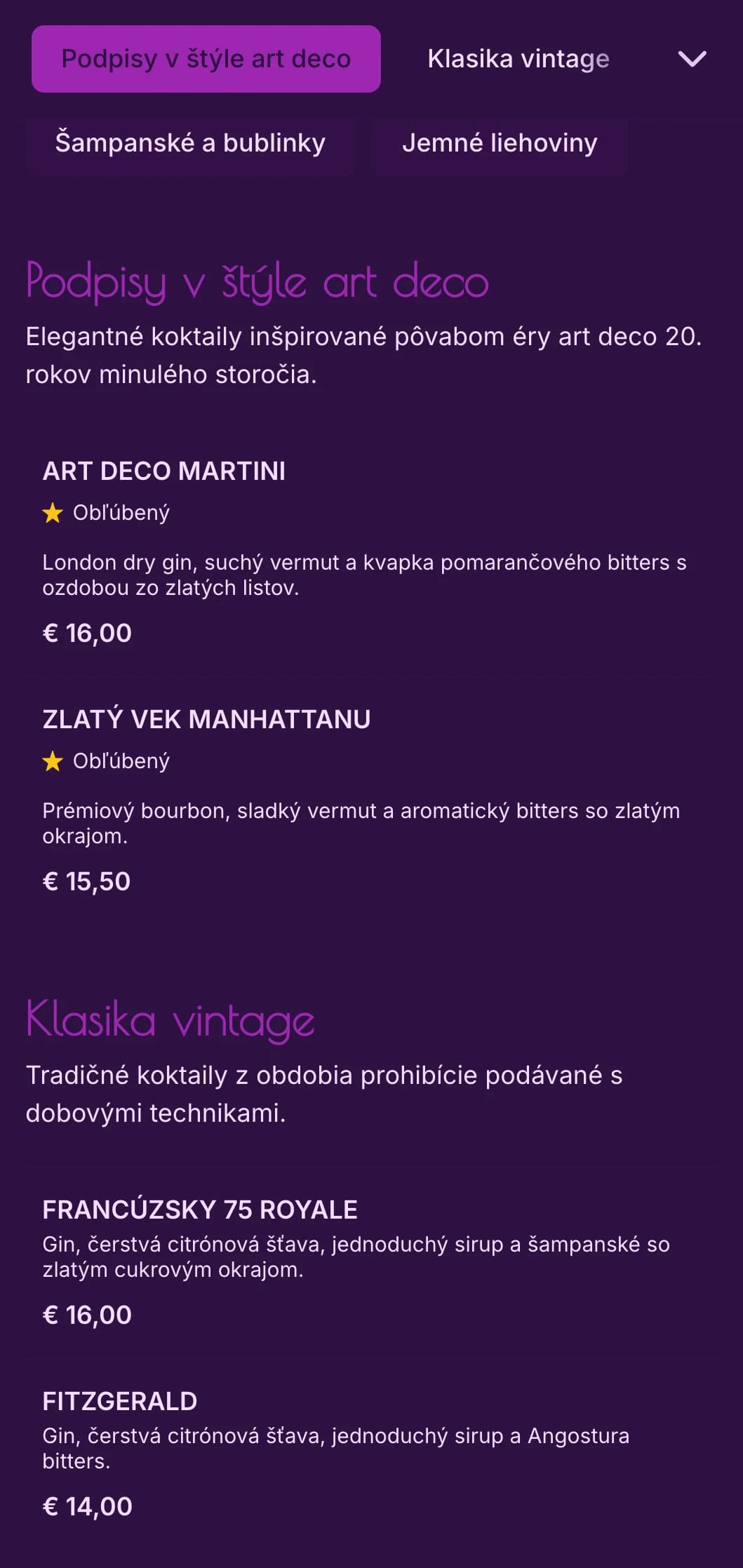Elegantný fialovo-zlatý dizajn inšpirovaný štýlom art deco z 20. rokov minulého storočia pre luxusné koktailové salóny.