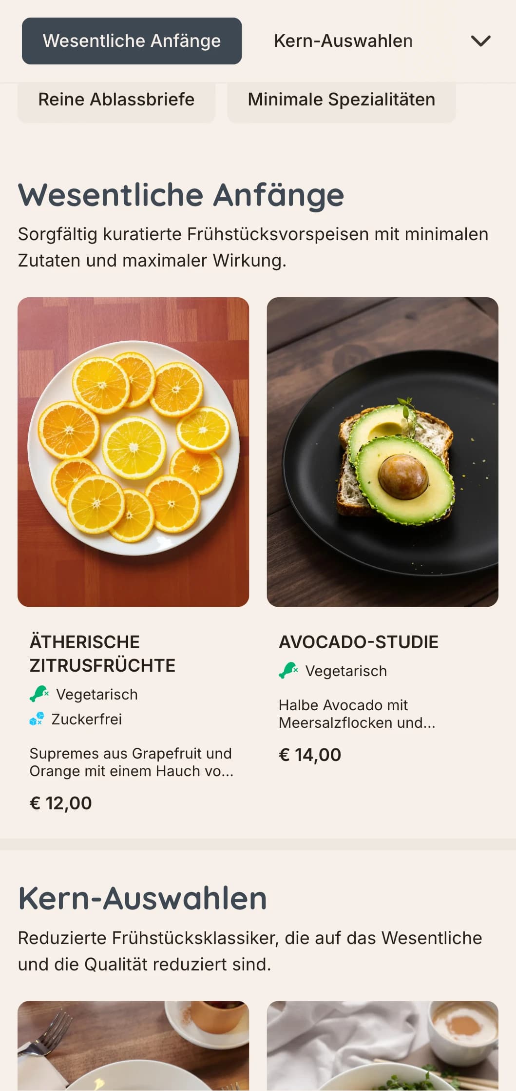 Klare, unaufdringliche Frühstücksoptionen mit präzisen Tellern und essentiellen Zutaten für den anspruchsvollen Minimalisten.