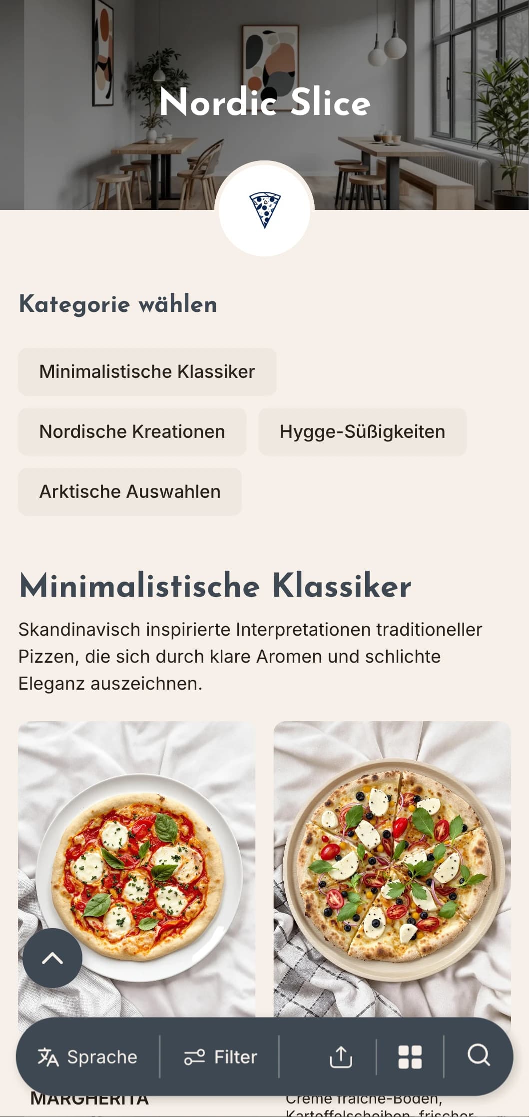 Skandinavisch inspirierte Pizzakarte mit klarem, minimalem Design und funktionaler Ästhetik.