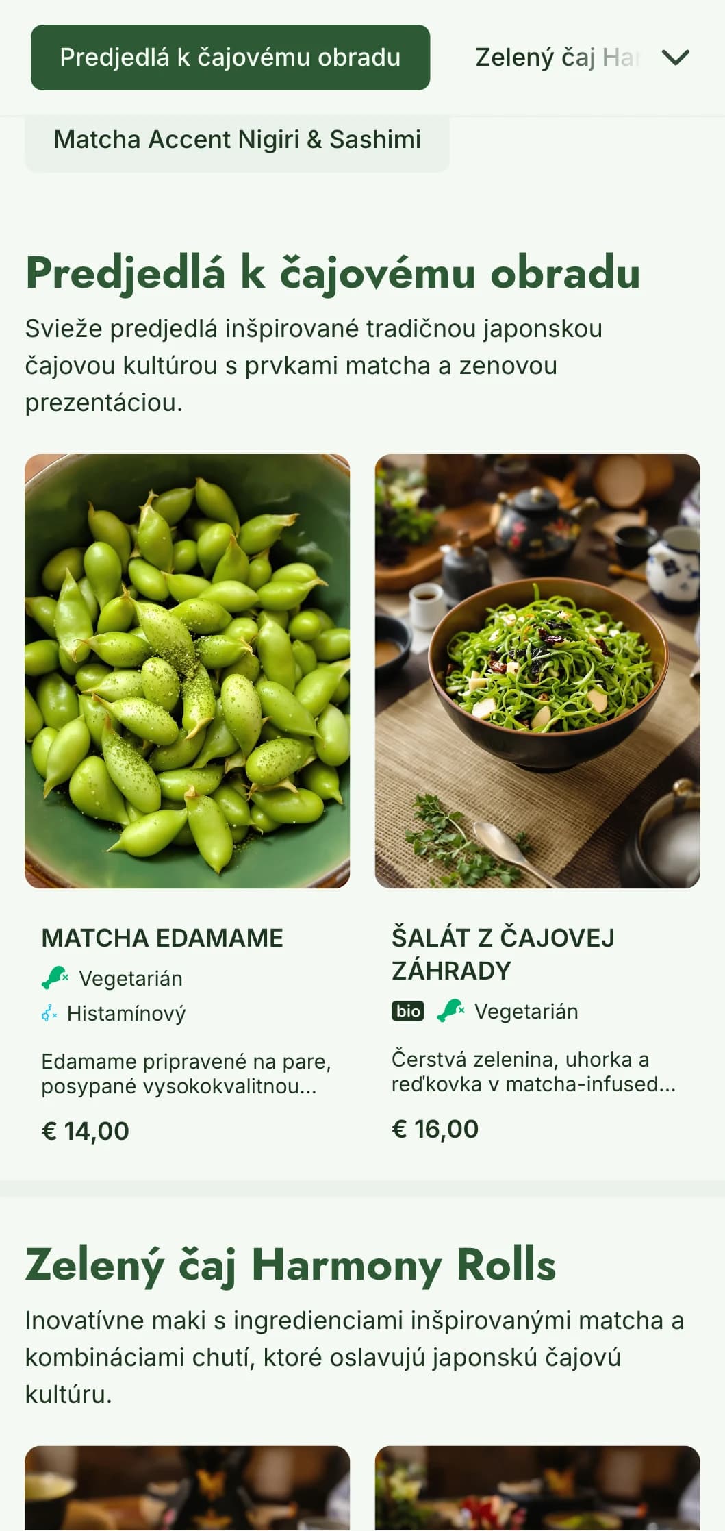 Moderné sushi menu so žiarivými zelenými tónmi matcha pre podniky inšpirované čajom, ktoré dbajú na zdravie.
