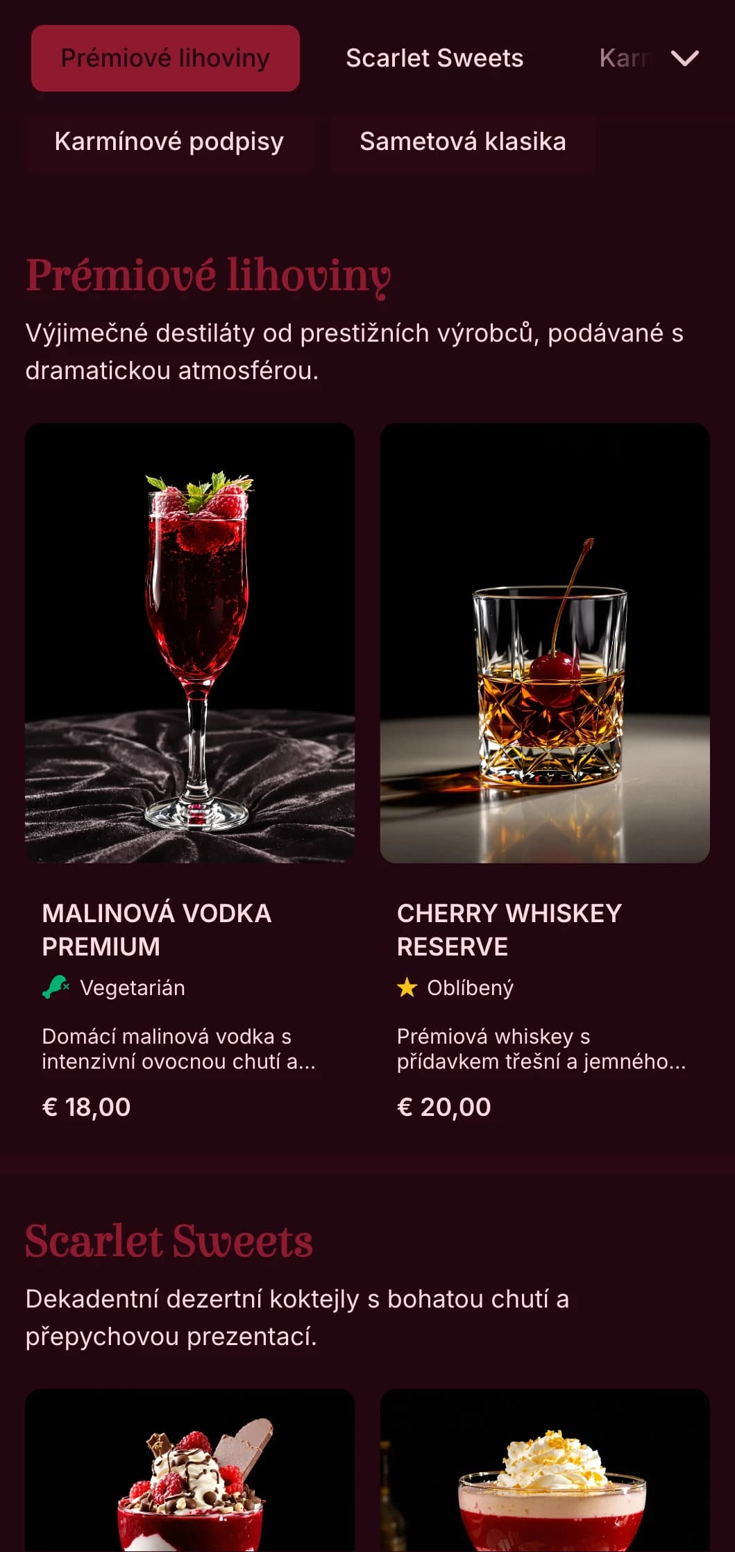 Luxusní, divadlem inspirovaný design pro luxusní koktejlové salónky se sytými karmínovými tóny a dramatickou typografií.