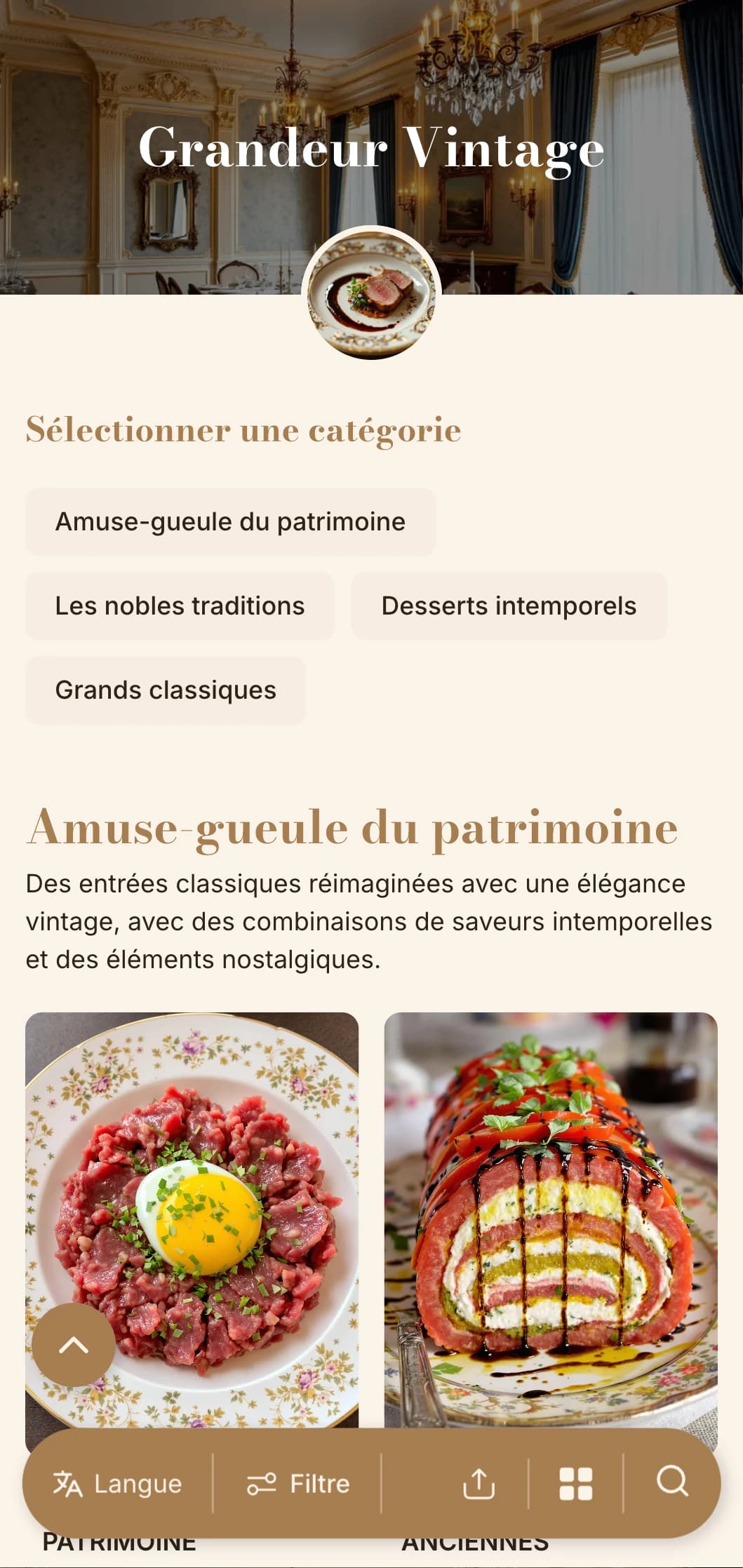 Une sophistication nostalgique avec une typographie et une palette de couleurs d'inspiration vintage, parfaite pour les établissements à caractère historique.