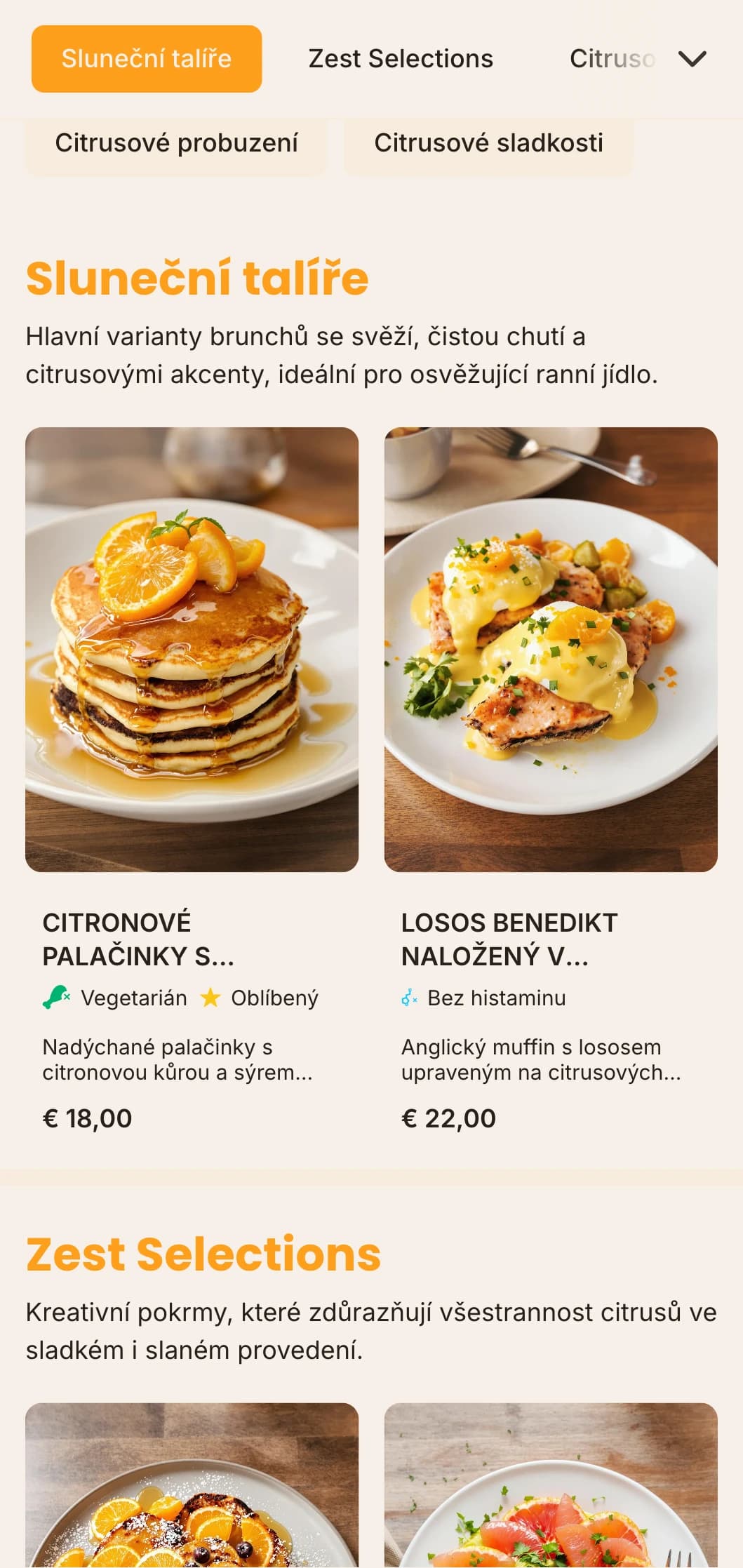Světlá, energická šablona na brunch s pikantními pomerančovými akcenty, ideální pro džusové bary a kavárny zaměřené na zdraví.