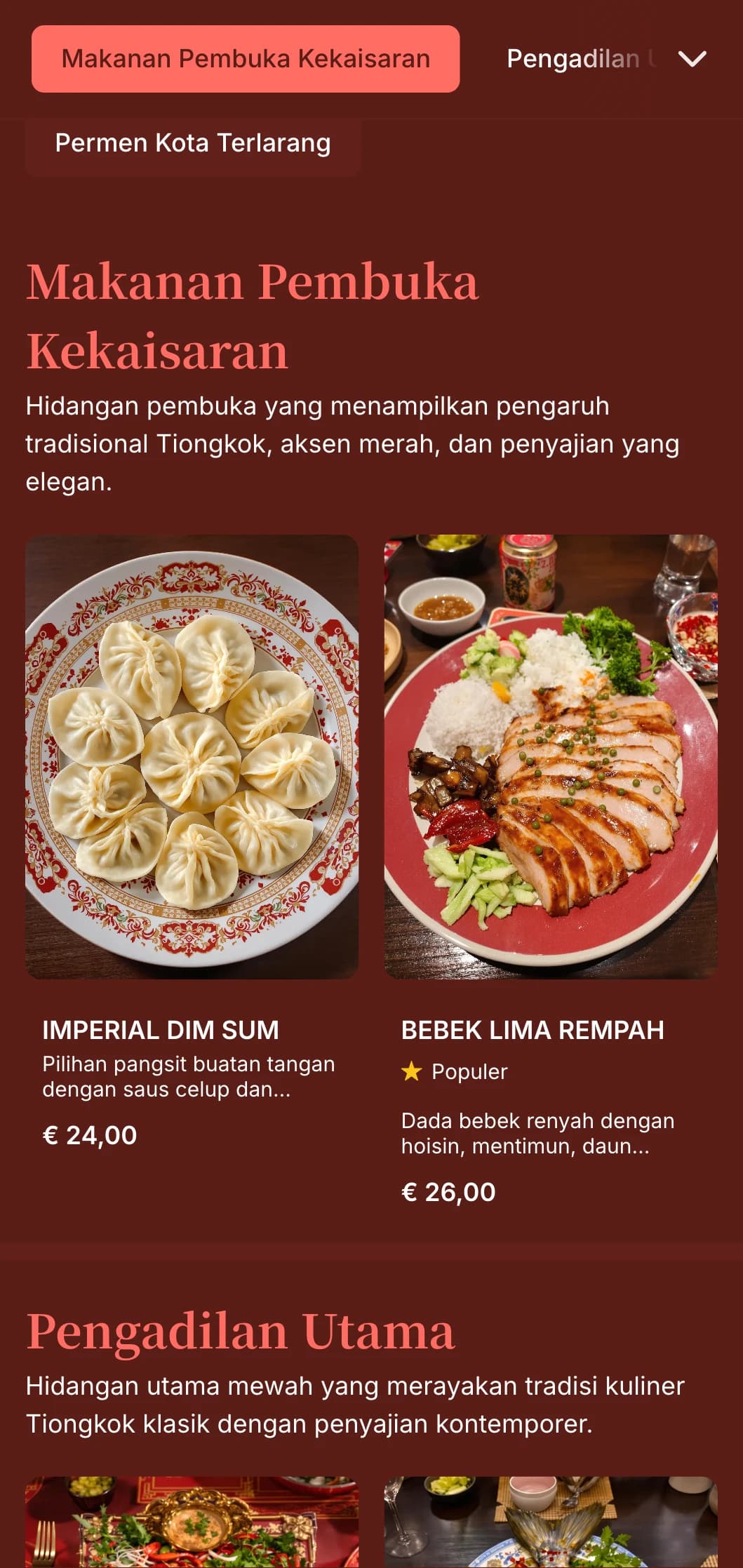 Menu makan malam elegan yang terinspirasi dari masakan Cina yang menampilkan warna merah yang kaya dan elemen timur tradisional, sempurna untuk restoran Cina kelas atas.