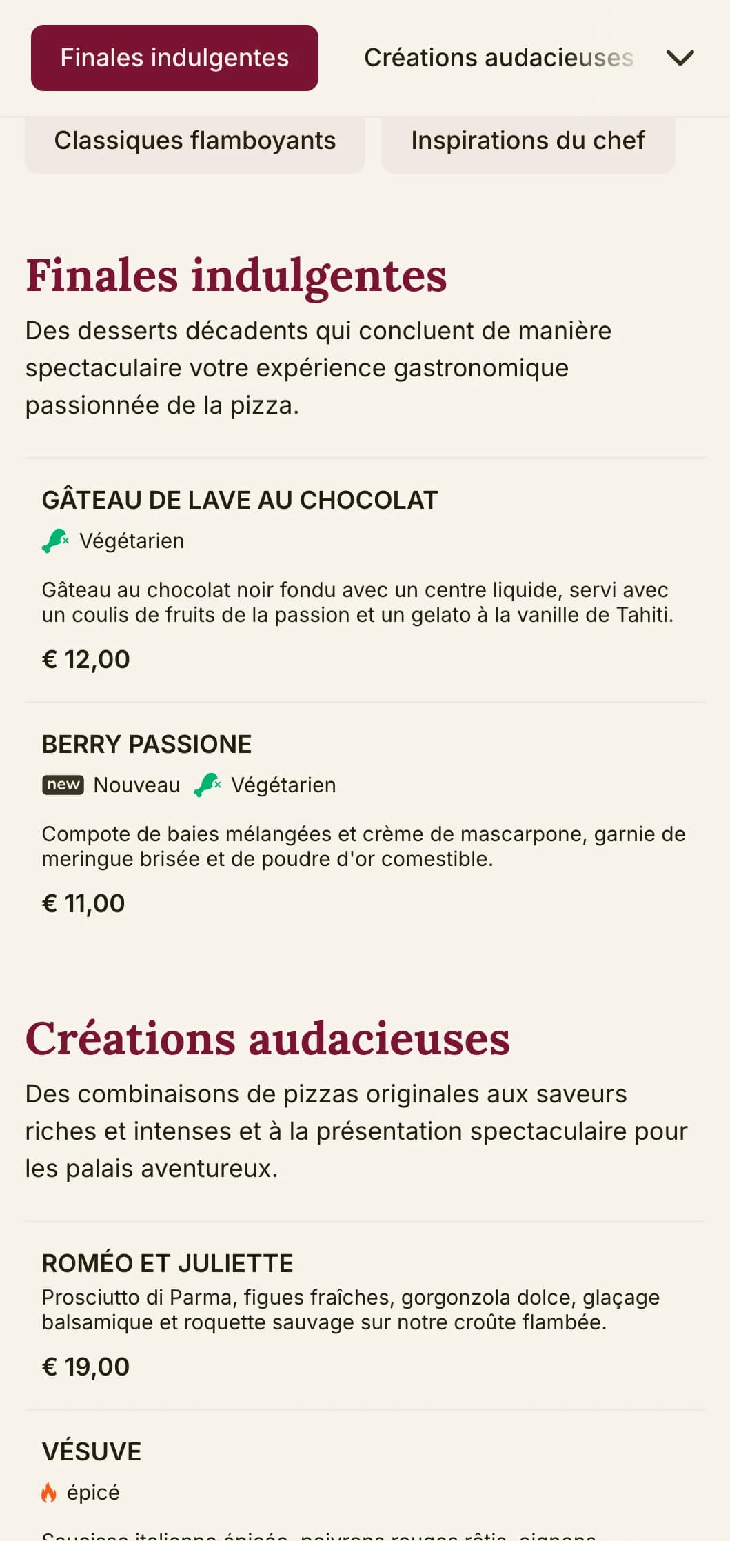 Une carte de pizzas audacieuse et passionnée, avec des couleurs riches et des éléments théâtraux, pour des pizzerias au caractère bien trempé.