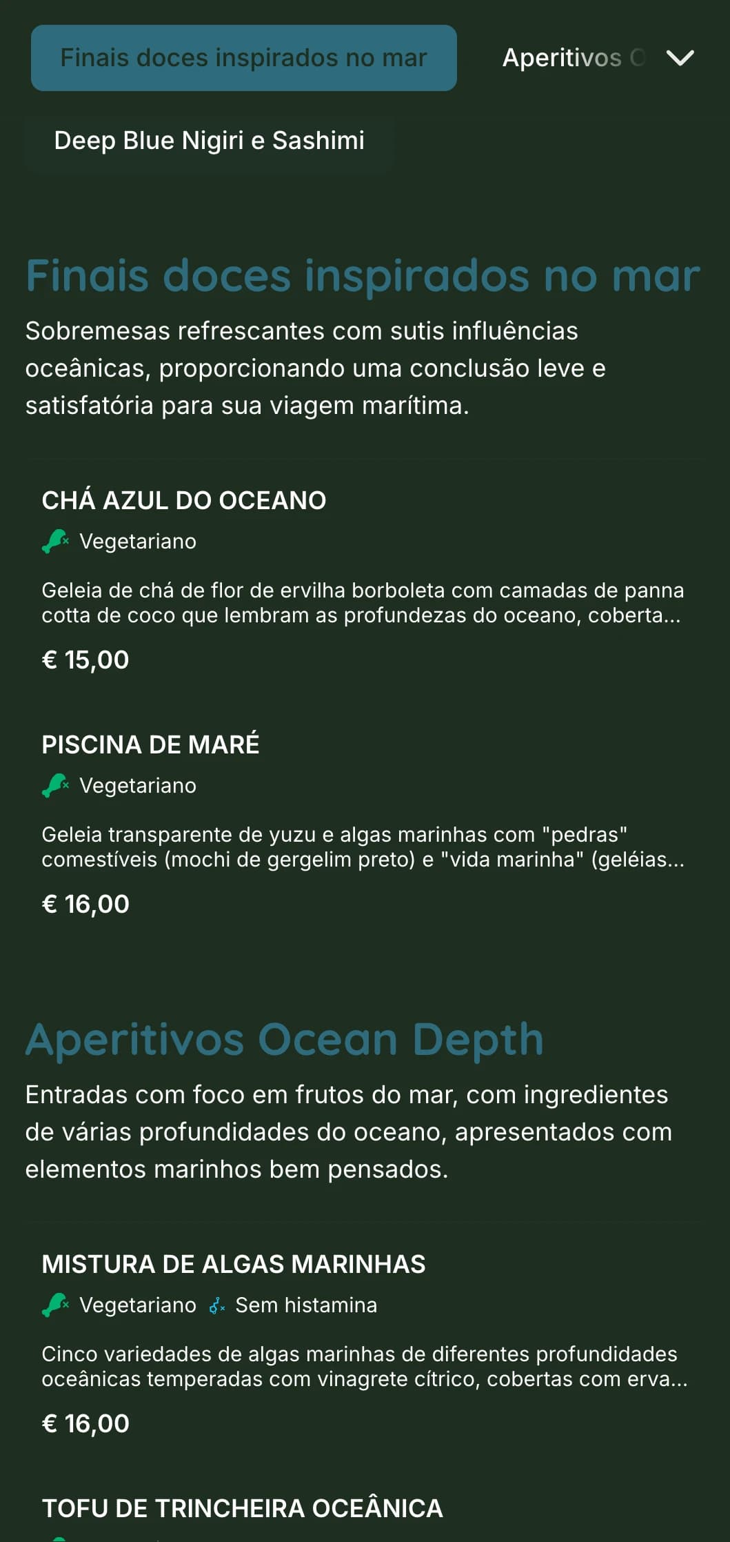 Tranquilo menu de sushi azul profundo inspirado nas profundezas do oceano, com elementos marinhos e ênfase em frutos do mar frescos.