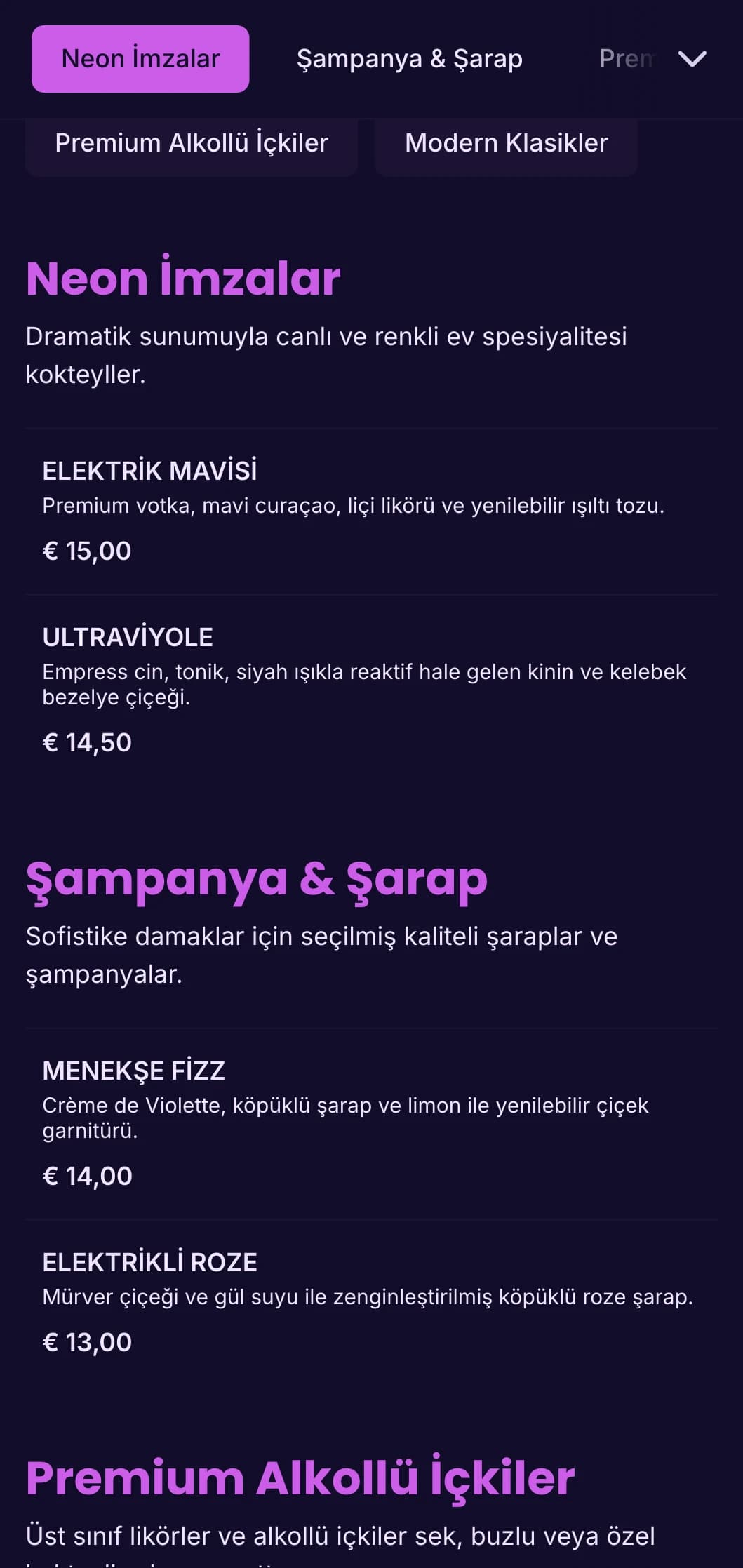 Modaya uygun gece kulüpleri ve kokteyl salonları için canlı mor ve ultraviyole tasarım.