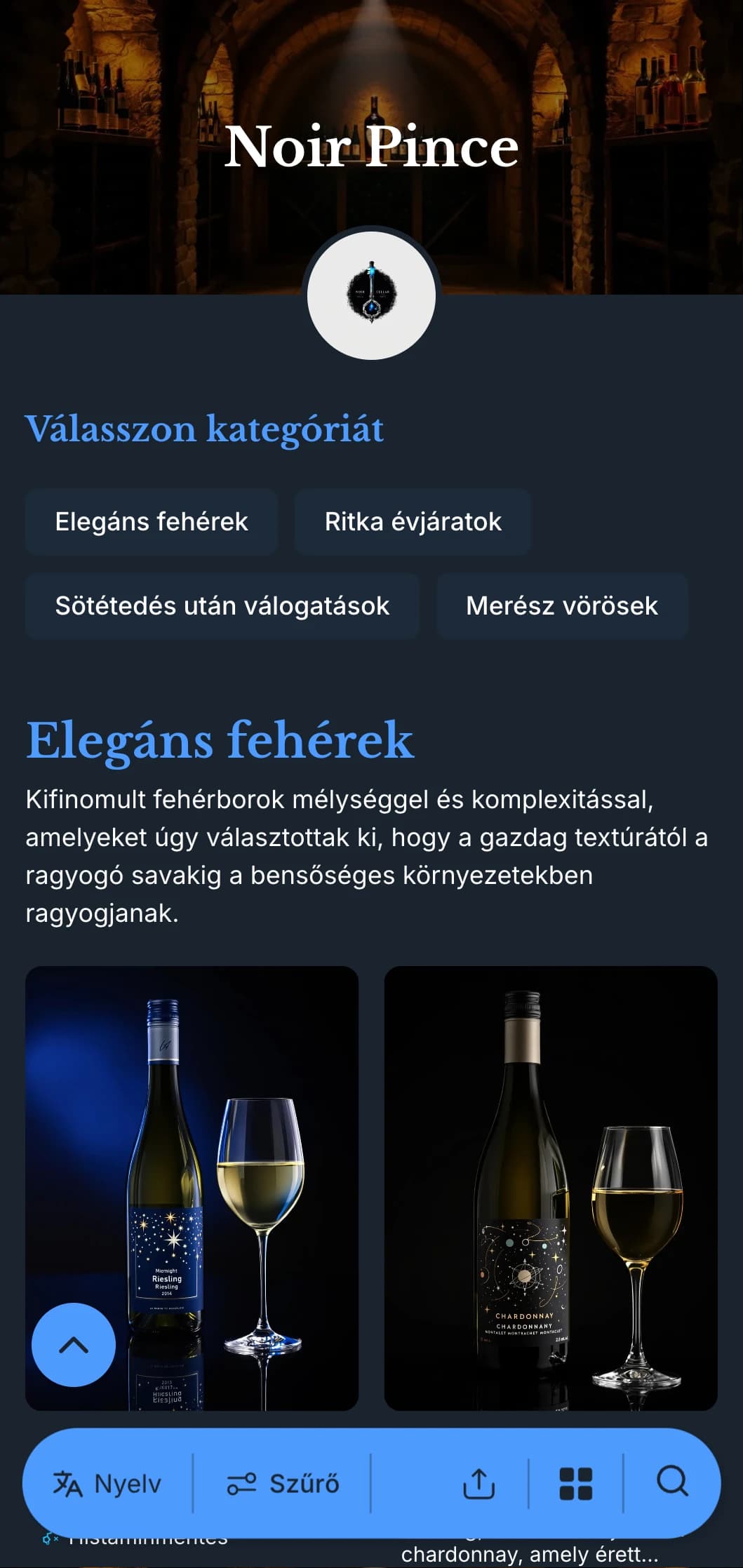 Kifinomult, sötét témájú borlap sablon feltűnő kék akcentusokkal mély tengerészkék háttér előtt, ideális intim borozóhelyiségek és esti rendezvényhelyszínek számára.