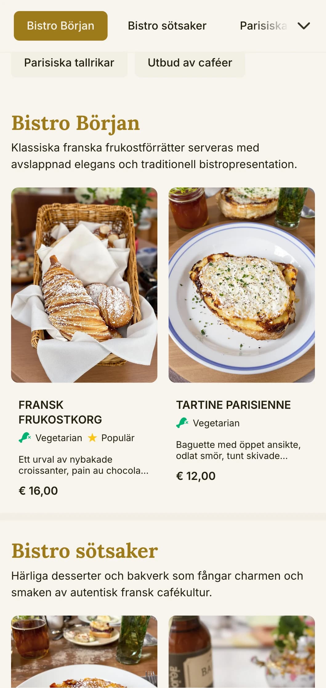 Fransk bistroinspirerad brunchmall med klassiska inslag som passar för caféer i europeisk stil och casual fine dining.