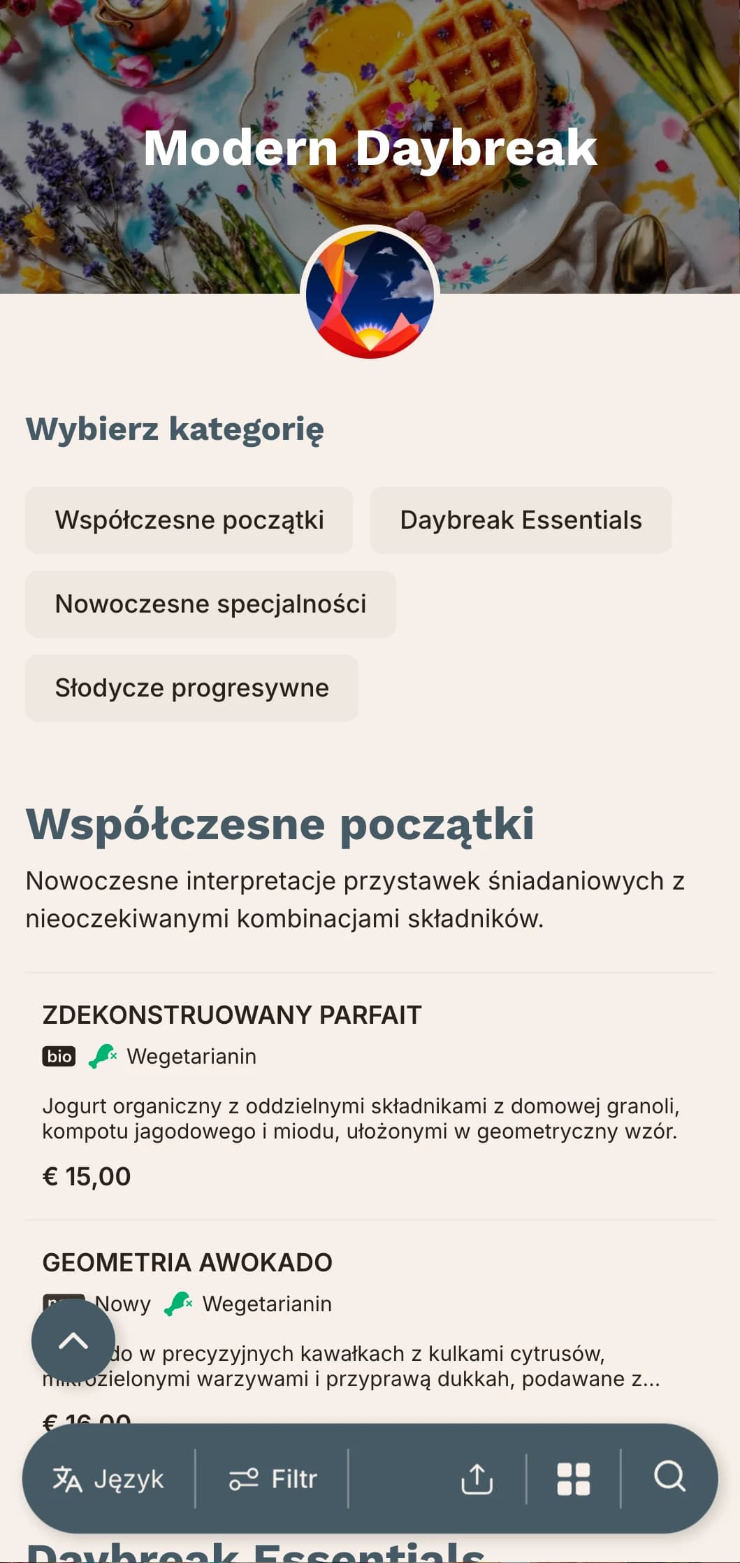 Współczesna poranna oferta z innowacyjnymi technikami i nieoczekiwanymi połączeniami smakowymi dla żądnych przygód rannych ptaszków.