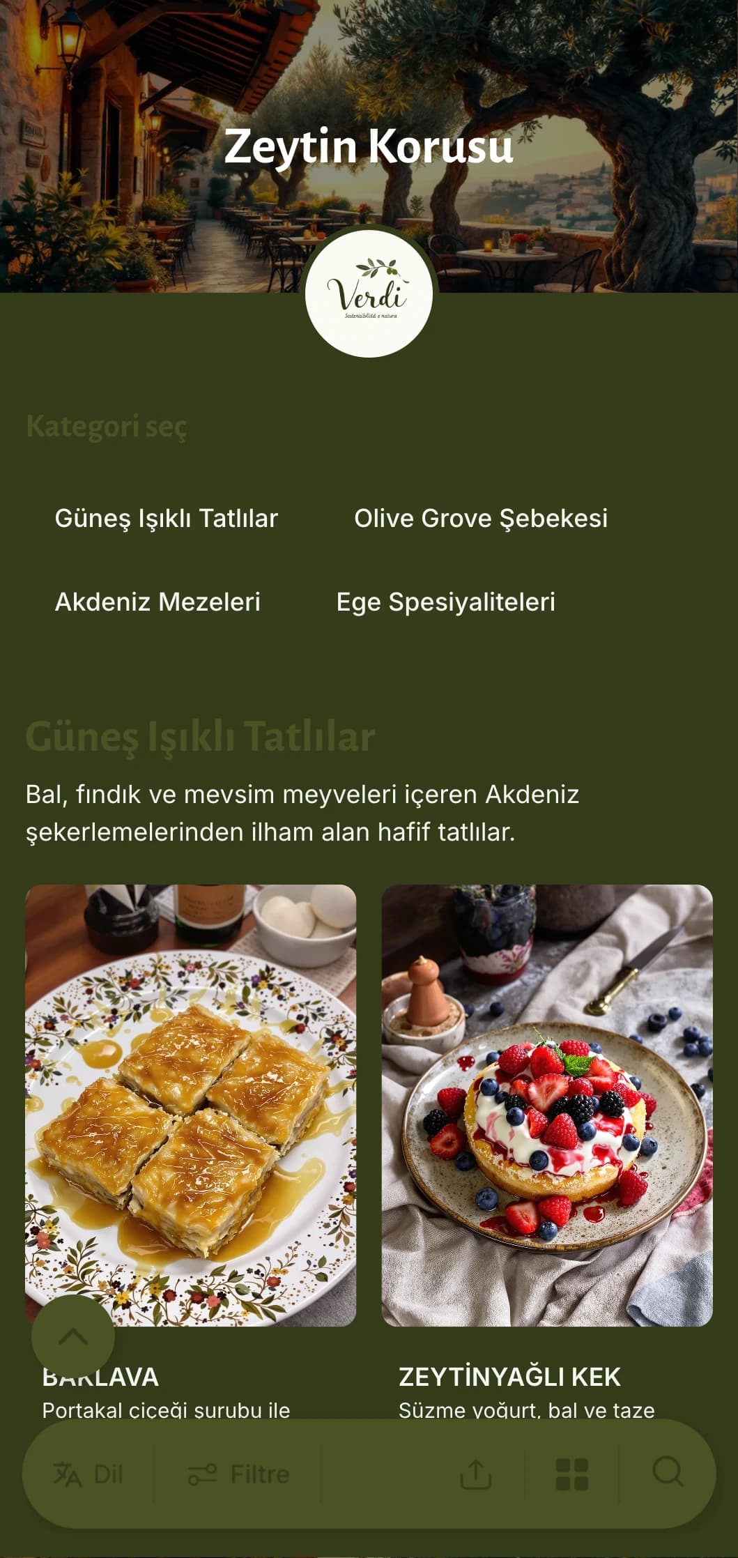 Zeytin yeşili tonları ve rustik unsurlar içeren Akdeniz esintili bir akşam yemeği menüsü, Yunan veya Akdeniz mutfağı için mükemmeldir.