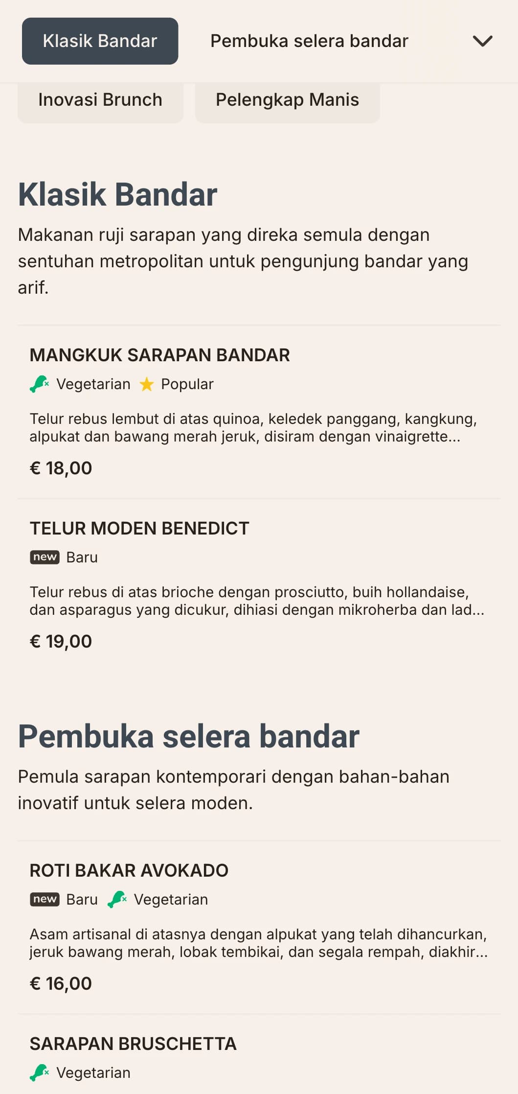 Pilihan sarapan kontemporari yang anggun untuk urbanite moden, menampilkan persembahan minimalis dan kombinasi rasa yang inovatif.