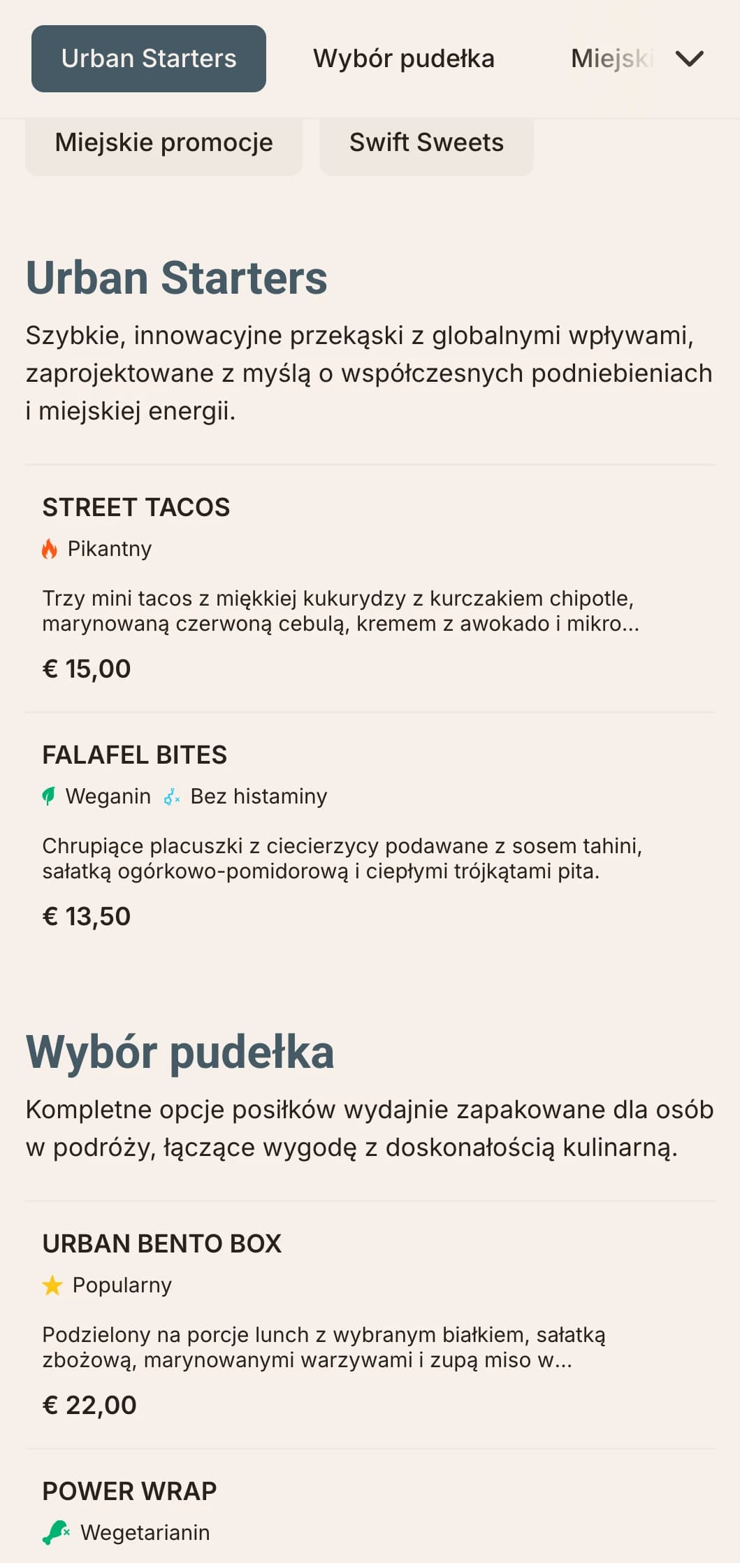Odważny, współczesny projekt menu lunchowego dla szybkich punktów gastronomicznych, z dynamiczną typografią i wydajnym układem dla miejskich profesjonalistów poszukujących wysokiej jakości posiłków w południe.
