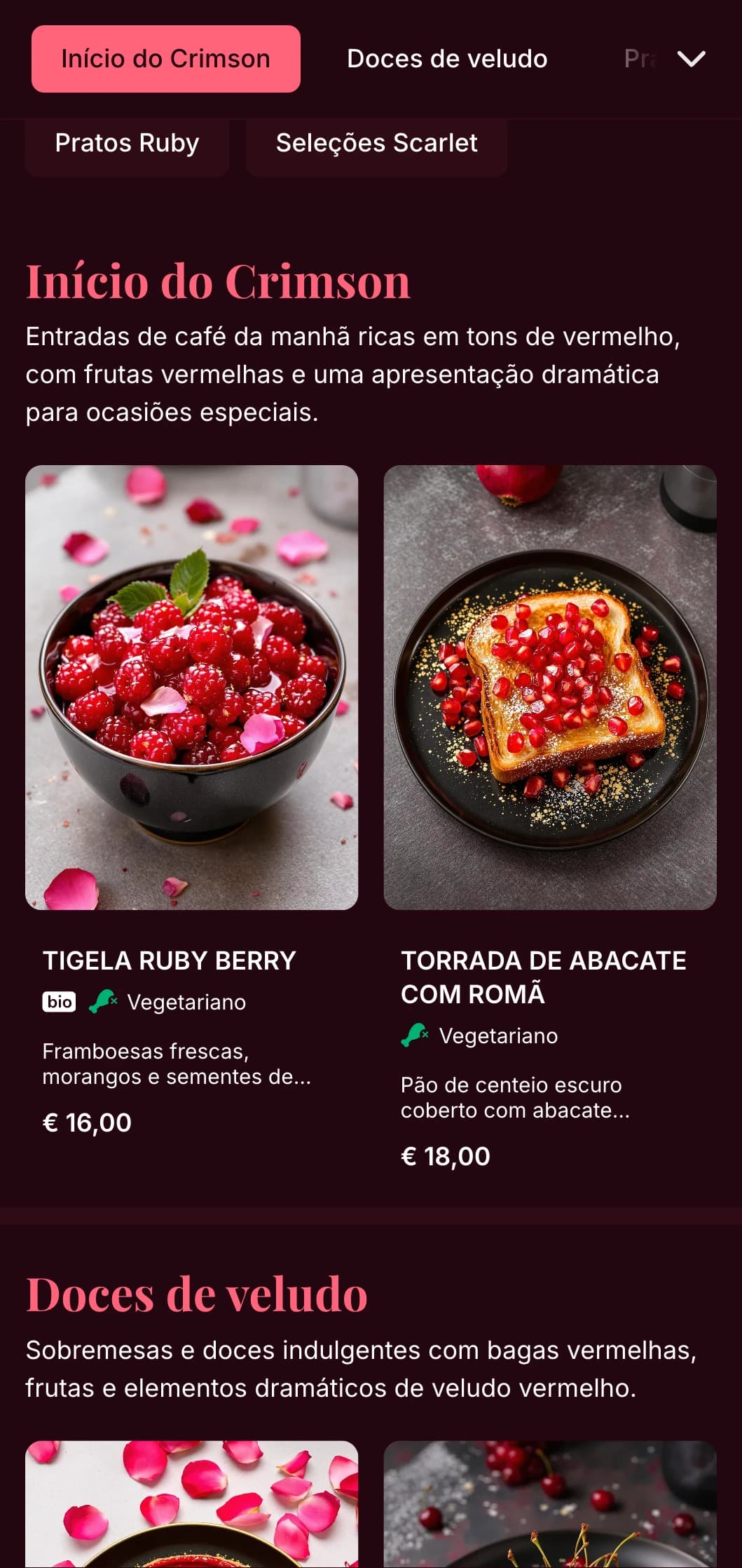 Modelo de brunch rico, em tons de vermelho, com detalhes luxuosos, adequado para ambientes românticos de brunch e ocasiões especiais.