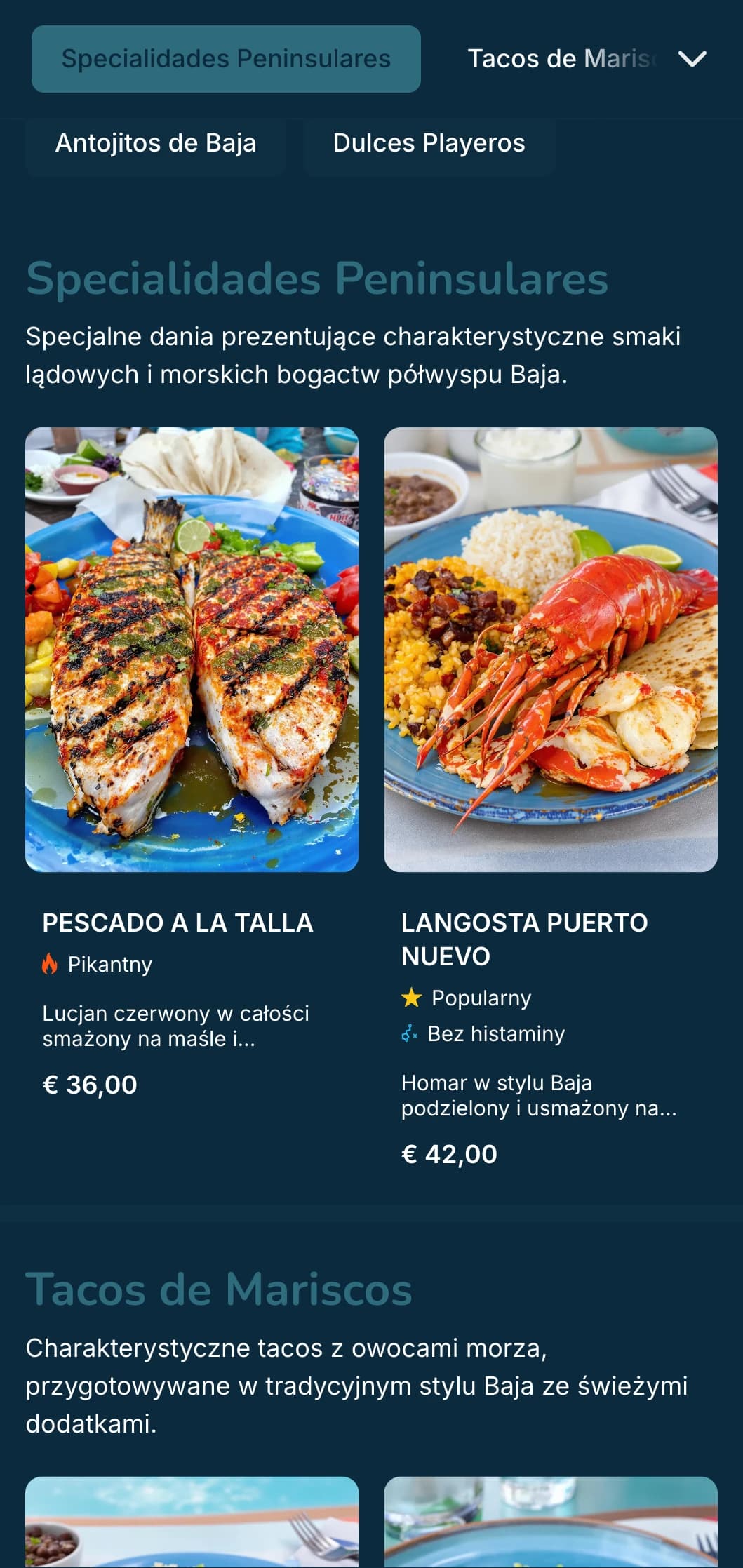 Lekkie i orzeźwiające menu inspirowane Baja z tacos z owocami morza, świeżymi składnikami i nadmorskimi niebieskimi akcentami w nowoczesnym plażowym klimacie.