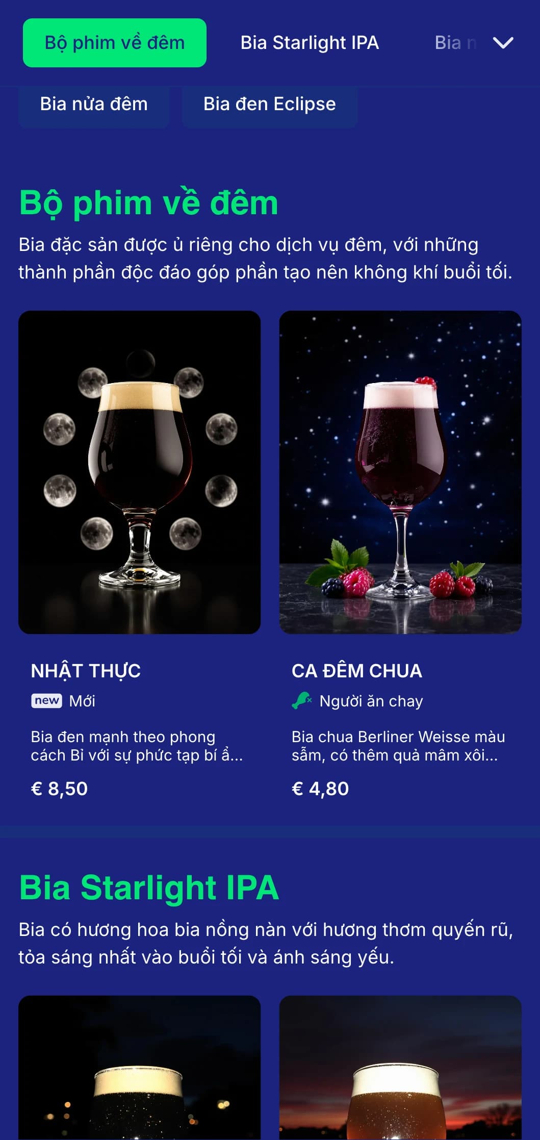 Thiết kế tối và bí ẩn với tông màu xanh nửa đêm và các yếu tố mặt trăng, lý tưởng cho các cơ sở hoạt động về đêm và các nhà máy bia đêm.