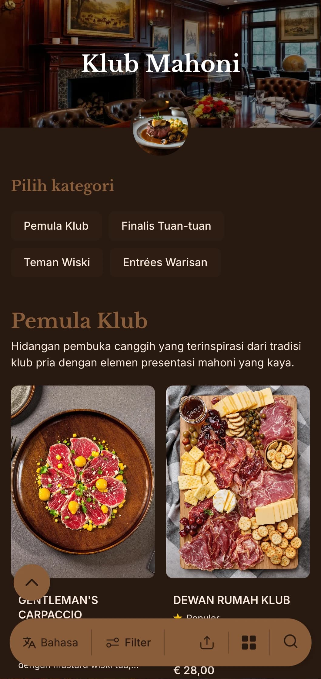 Konsep yang terinspirasi dari klub pria yang canggih dengan nuansa kayu yang kaya dan elemen kemewahan tradisional.