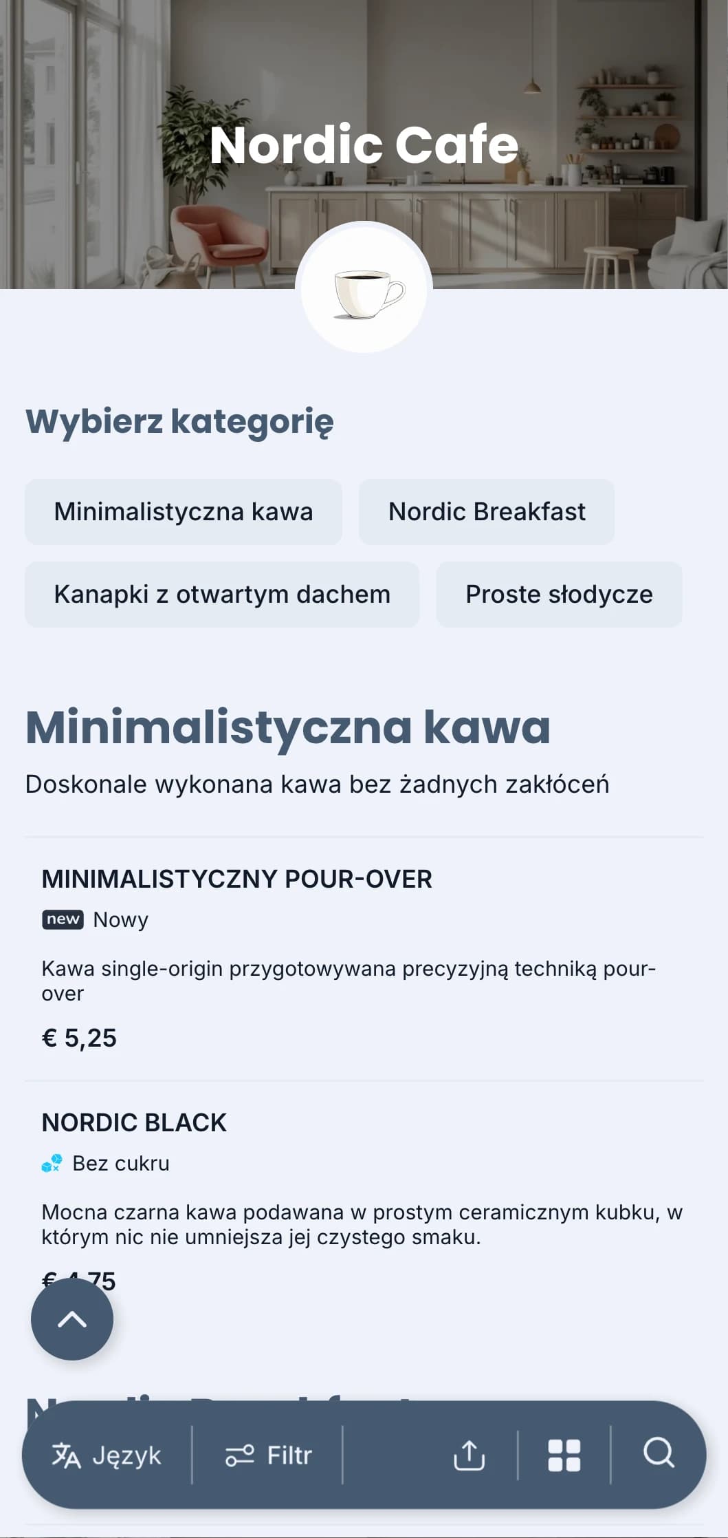 Czysty, inspirowany stylem skandynawskim design w chłodnych odcieniach niebieskiego do nowoczesnych, minimalistycznych kawiarni.