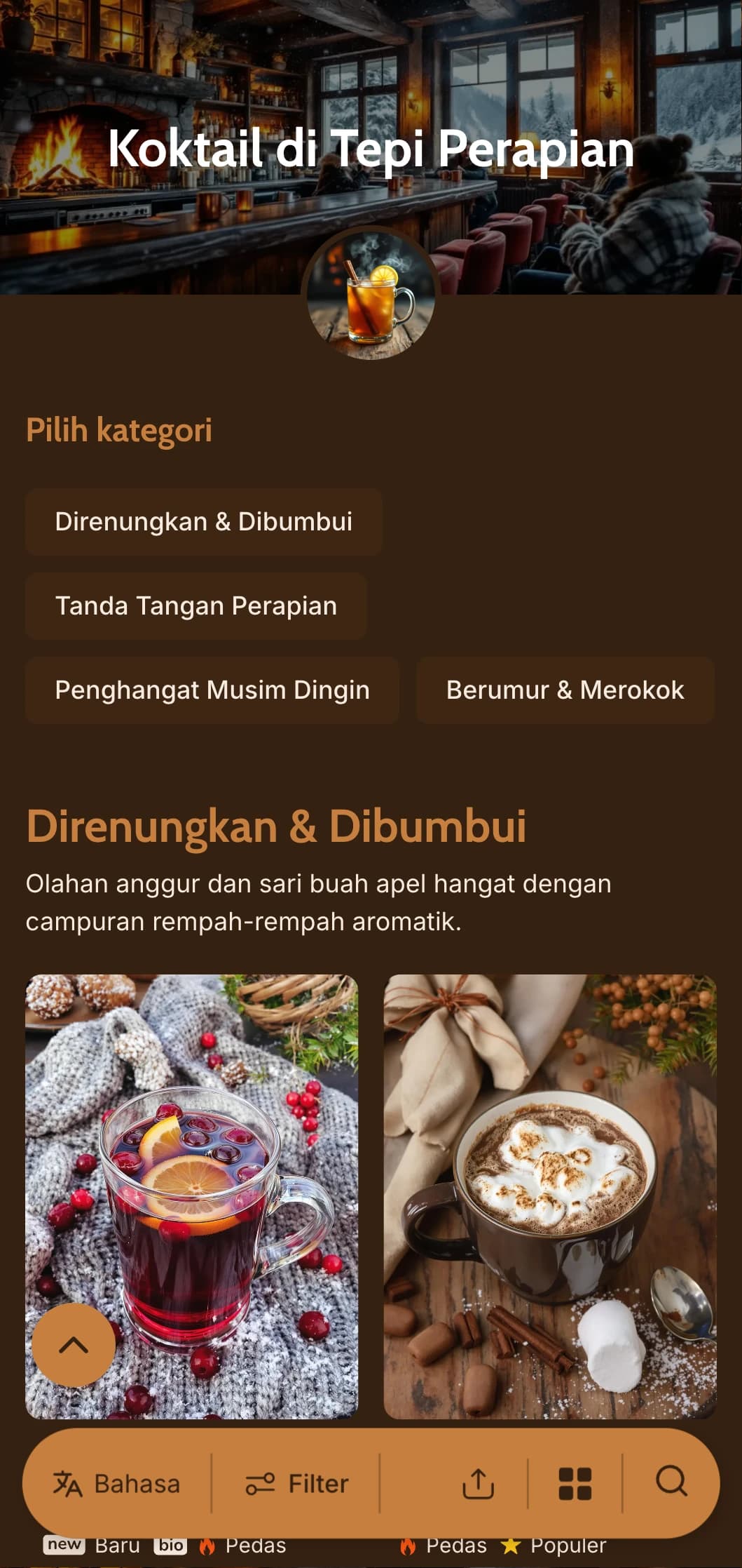 Warna kuning dan tembaga yang hangat terinspirasi dari cahaya perapian untuk bar musim dingin yang nyaman.