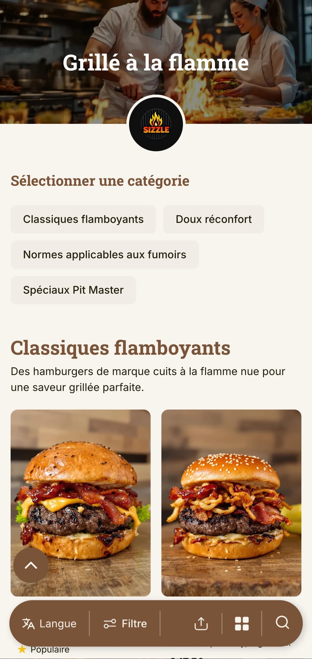 Un design audacieux axé sur le gril avec des tons de bois chauds et des accents de flamme pour une expérience authentique de burger grillé au charbon de bois.