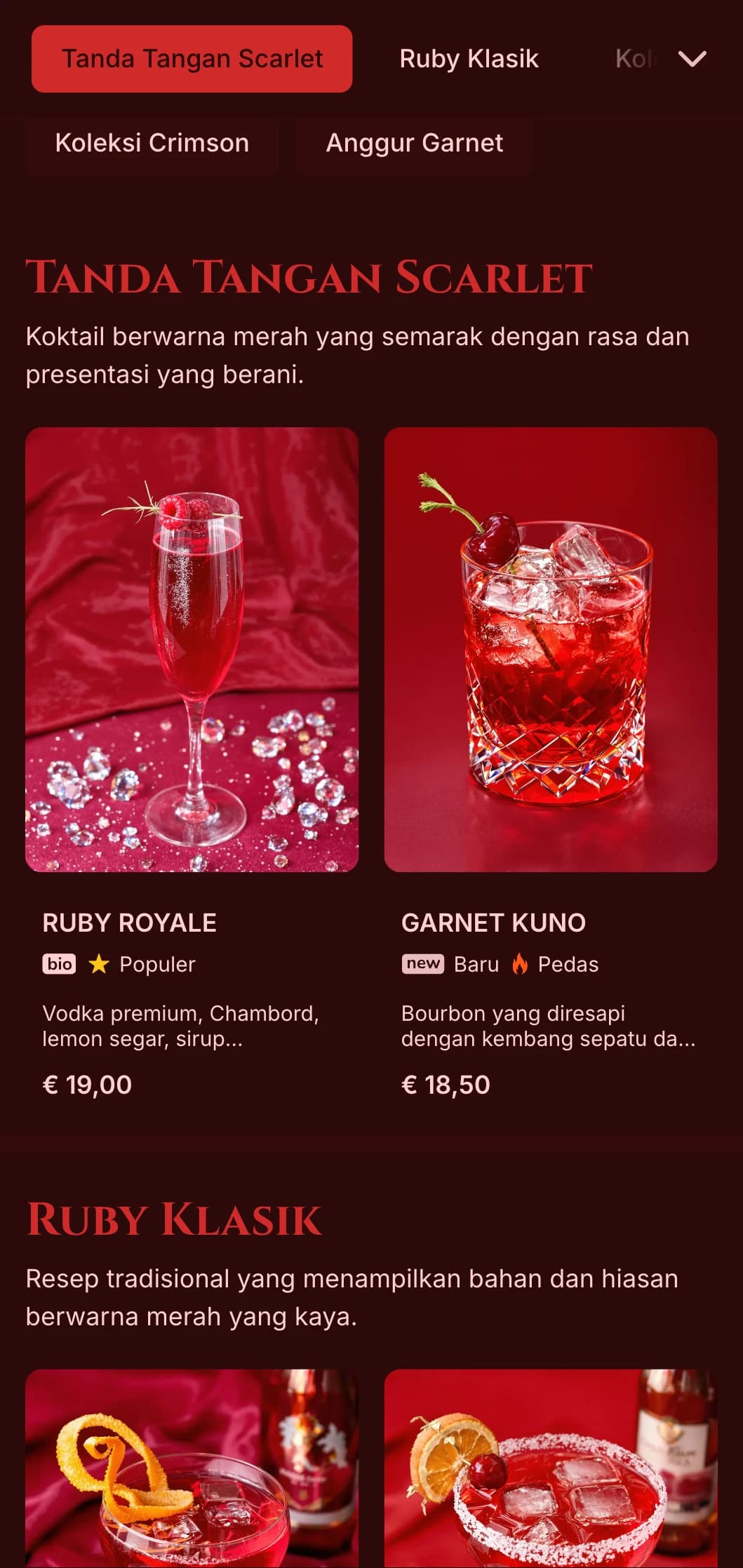 Desain merah tua dengan tekstur yang kaya untuk bar anggur dan koktail yang penuh gairah.