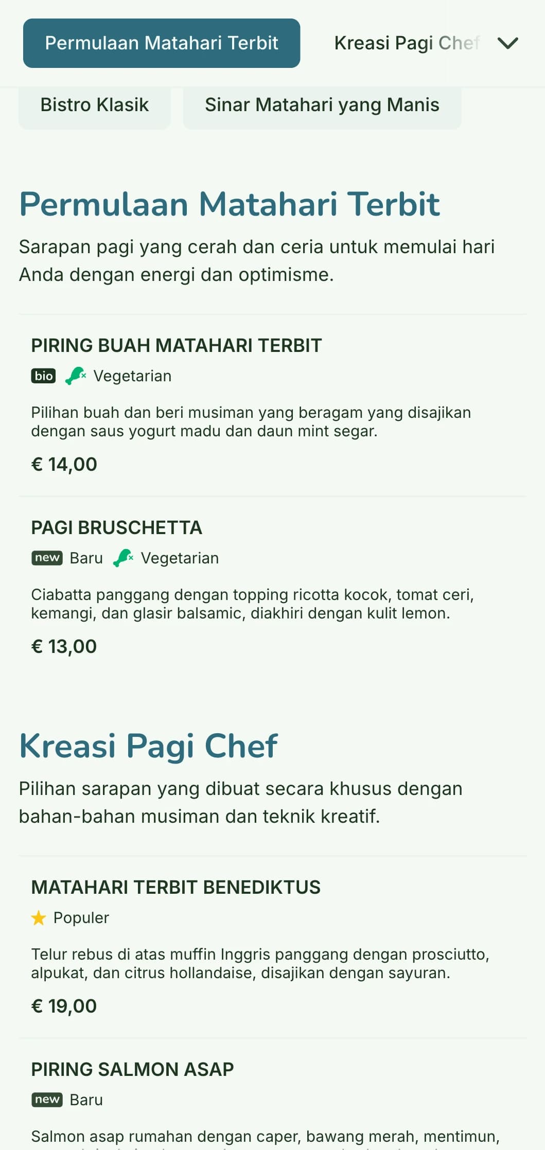 Menu sarapan yang cerah dan ceria dengan bahan-bahan segar dan penuh warna dalam suasana bistro yang santai namun berkelas.