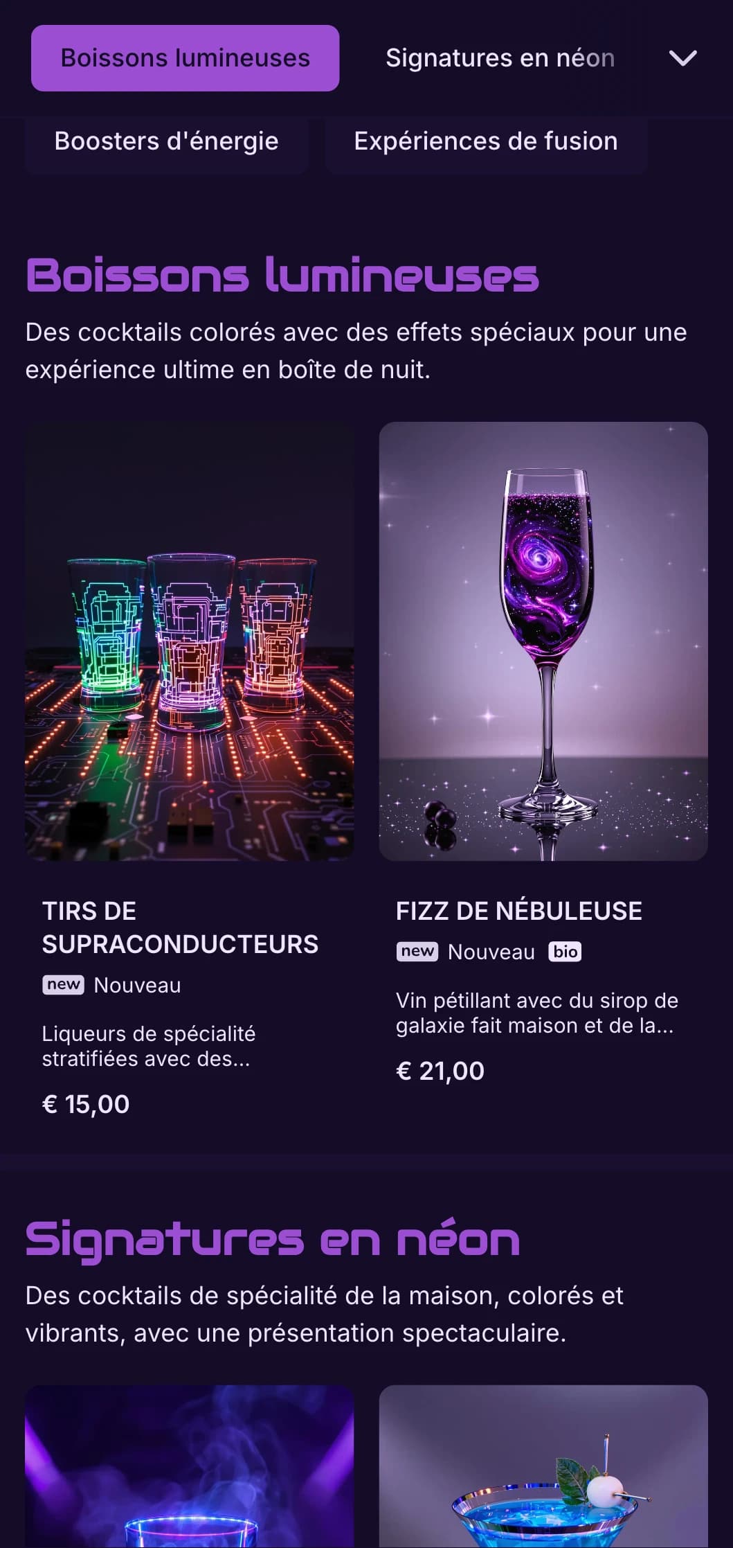 Design violet et noir très contrasté avec des éléments néon pour les bars à cocktails contemporains.