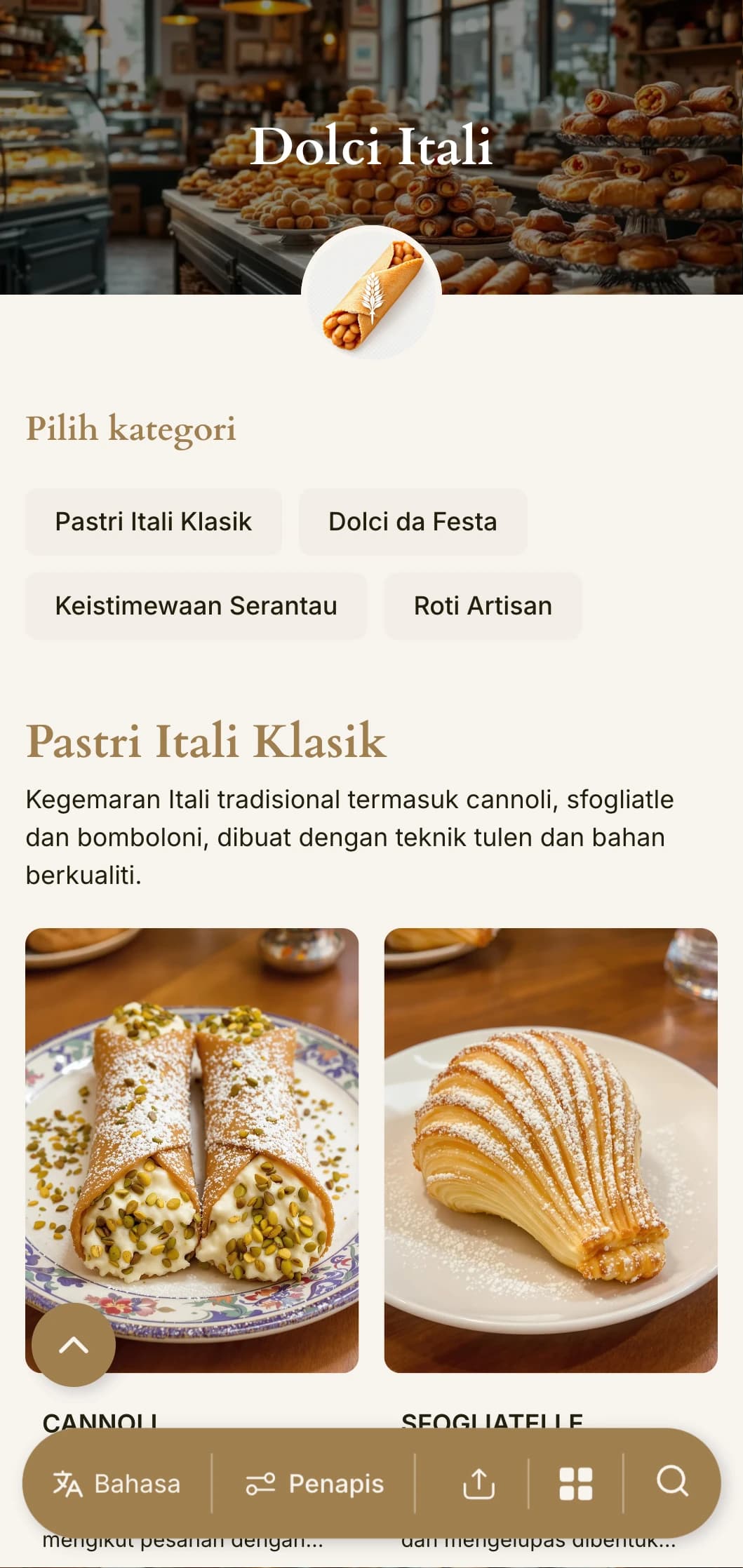 Reka bentuk menu bakeri berinspirasikan Mediterranean yang hangat dengan rona tanah dan tipografi tradisional, sesuai untuk kedai pastri Itali dan kafe pencuci mulut.