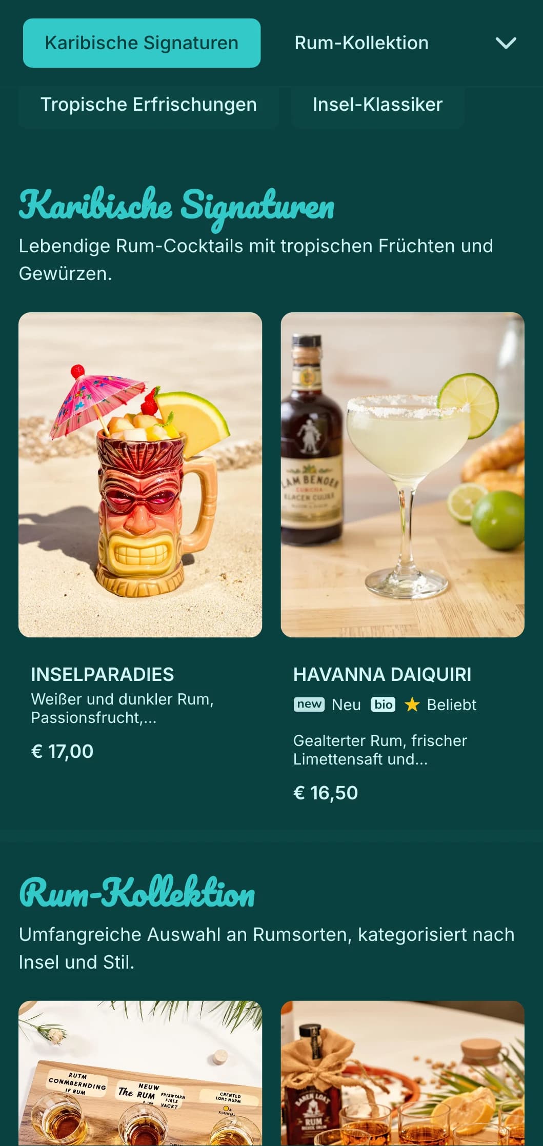 Leuchtend türkisfarbenes Design mit festlichen Elementen für Strandbars mit Rum-Faktor.