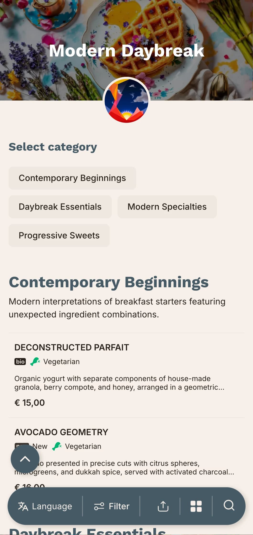 Contemporary morning offerings with innovative techniques and unexpected flavor combinations for the adventurous early riser.
