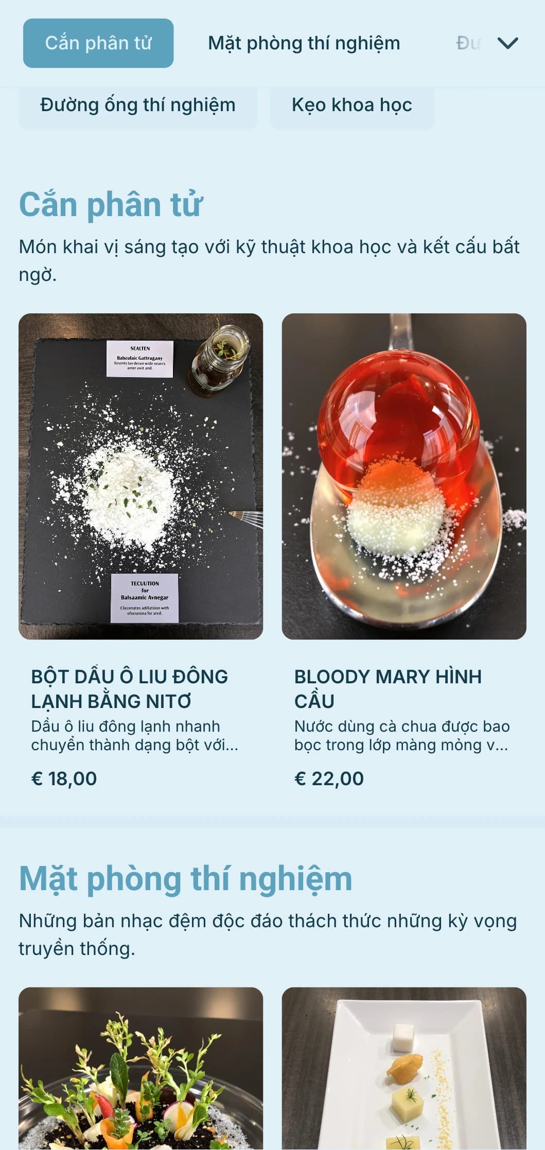 Dịch vụ ẩm thực phân tử sáng tạo với các kỹ thuật khoa học, kết cấu độc đáo và cách trình bày ấn tượng cho các sự kiện tiên tiến.