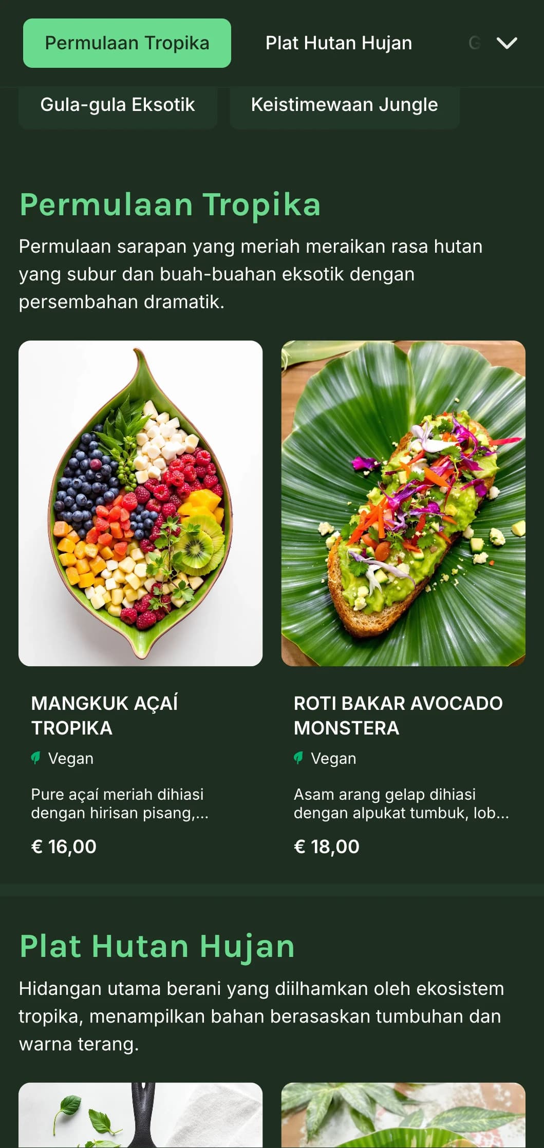 Templat hijau bertenaga dengan unsur tropika, sesuai untuk kafe berasaskan tumbuhan dan tawaran makan tengah hari eksotik.