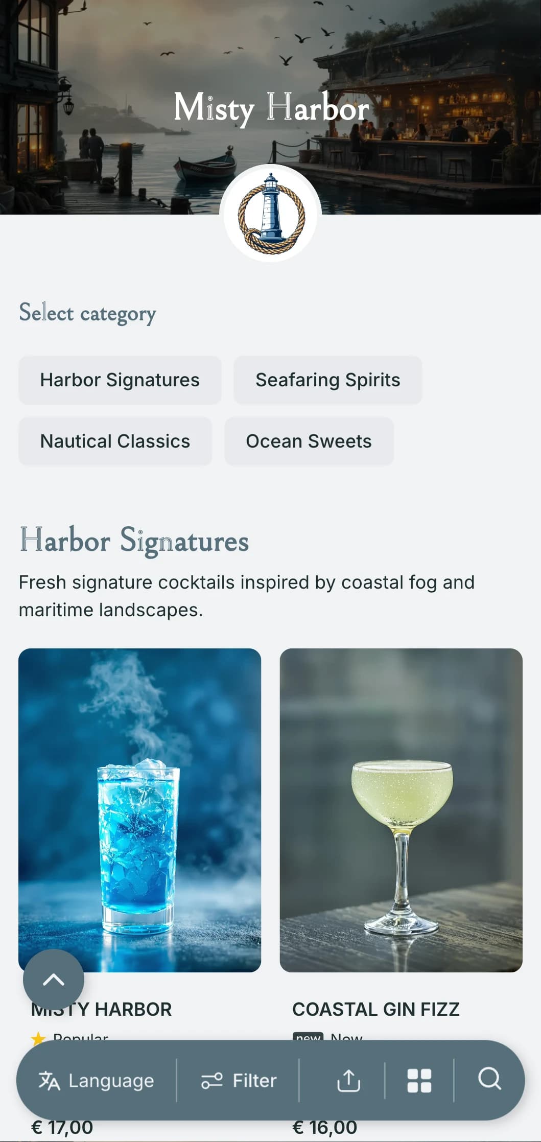 A coastal, harbor-inspired design for seafront bars featuring misty blue-gray tones and nautical elements.